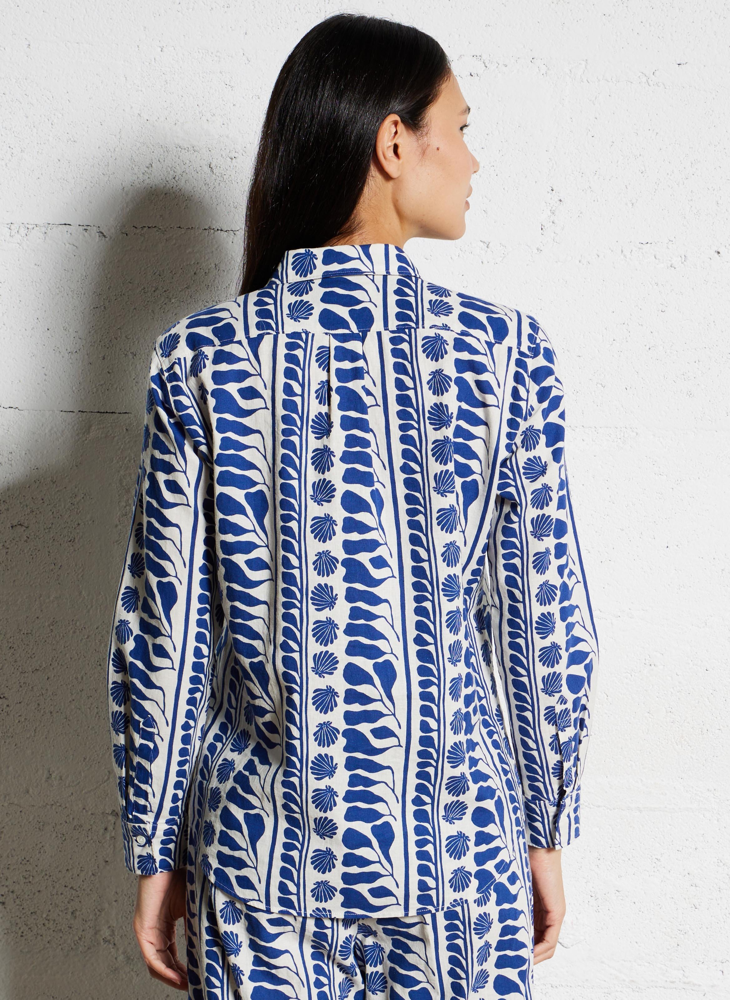 Chemise droite imprimée en coton et lin Bleu