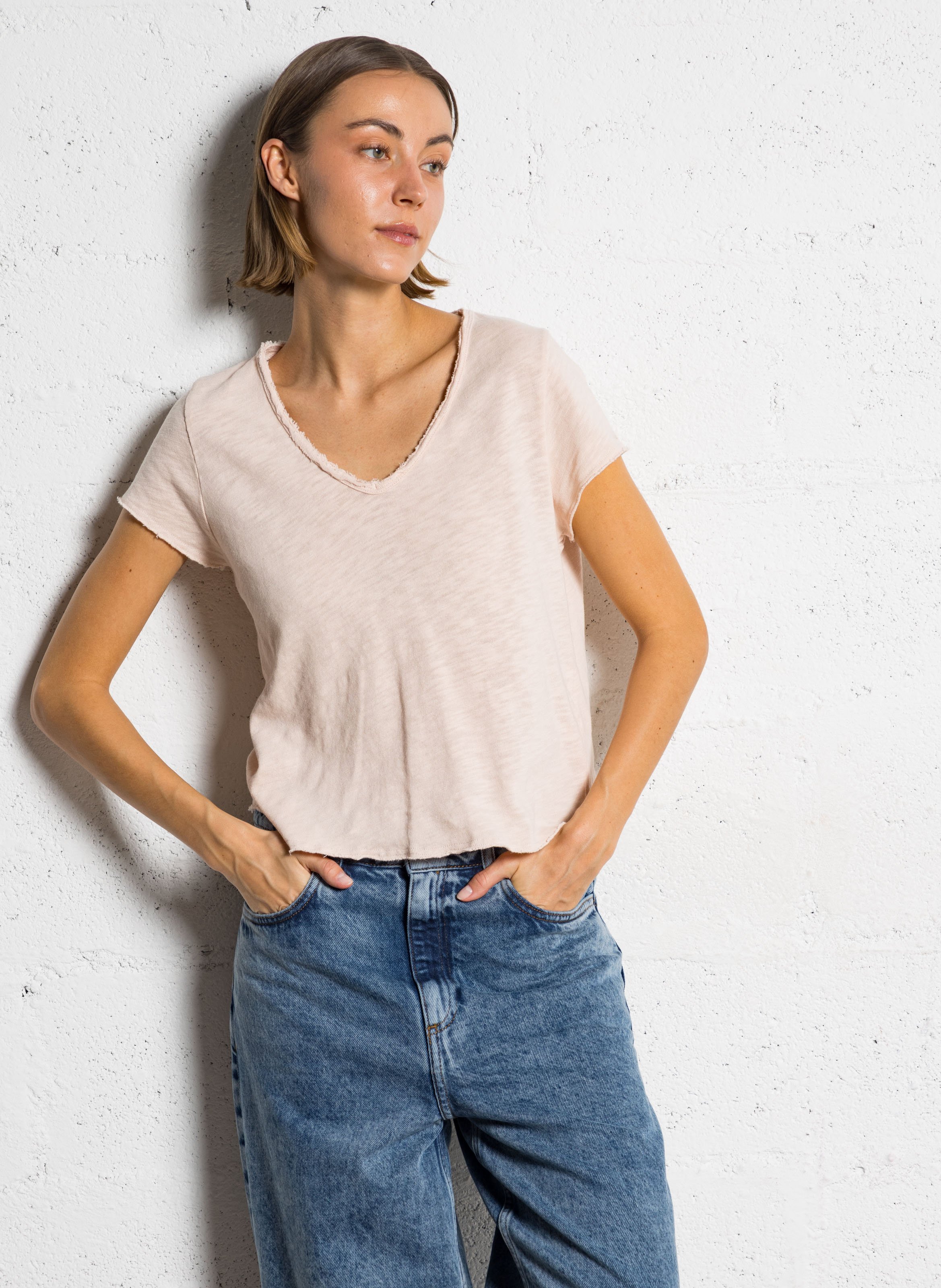 Recht, katoenen T-shirt met V-hals AMERICAN VINTAGE Beige