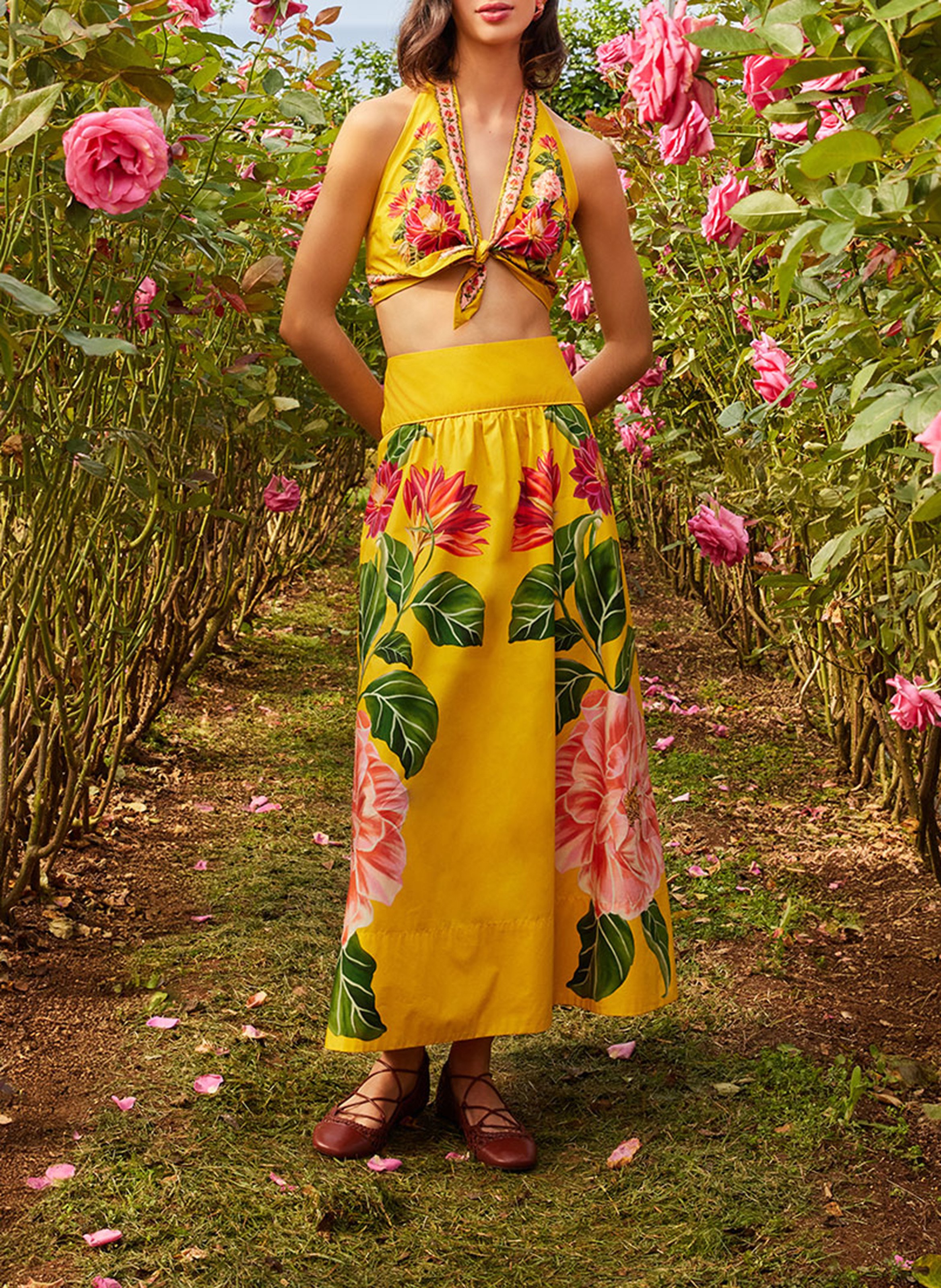 Bedruckter Midirock aus Baumwolle FARM RIO Gelb