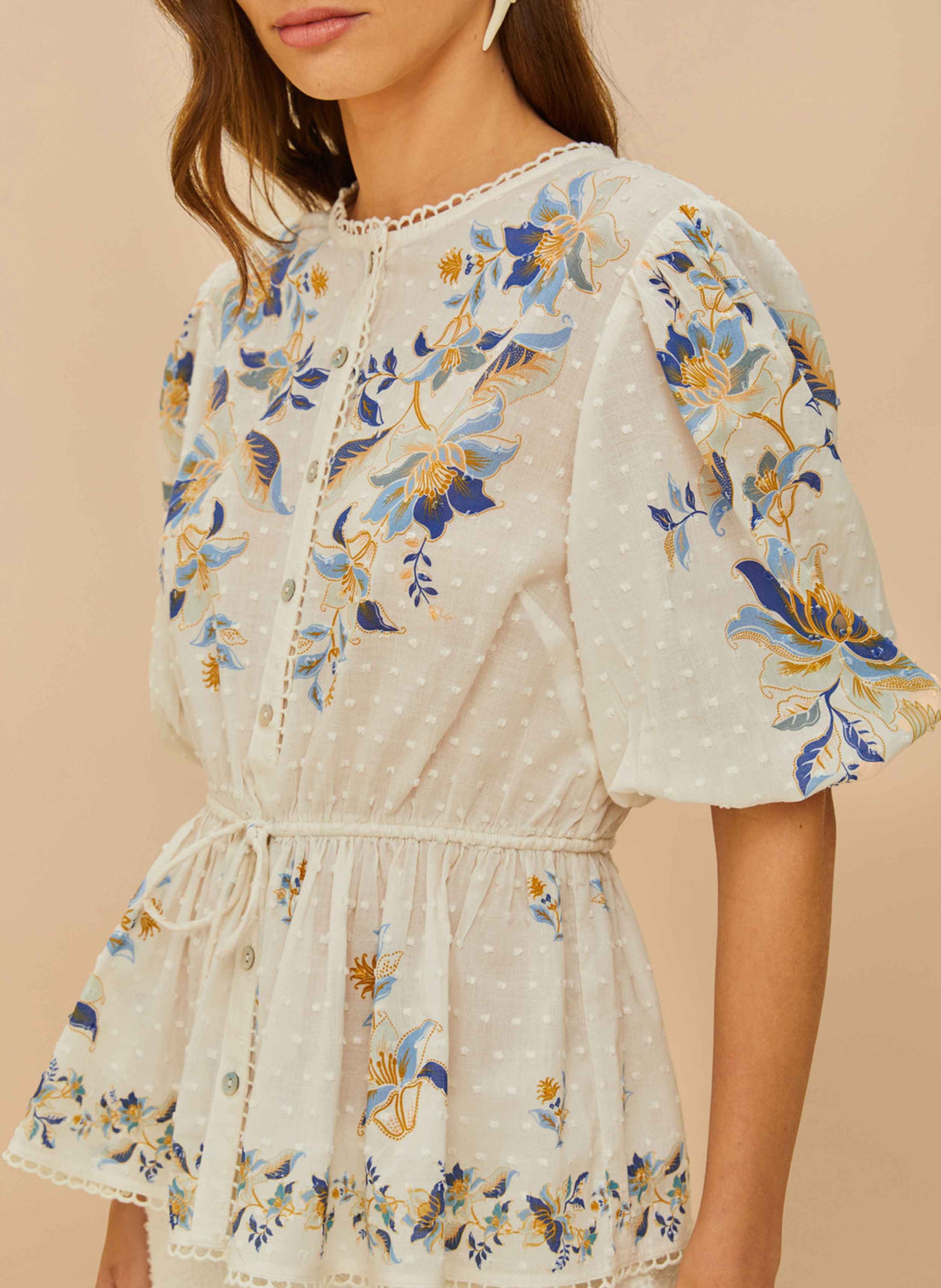 Top cintré col rond en coton FARM RIO Blanc