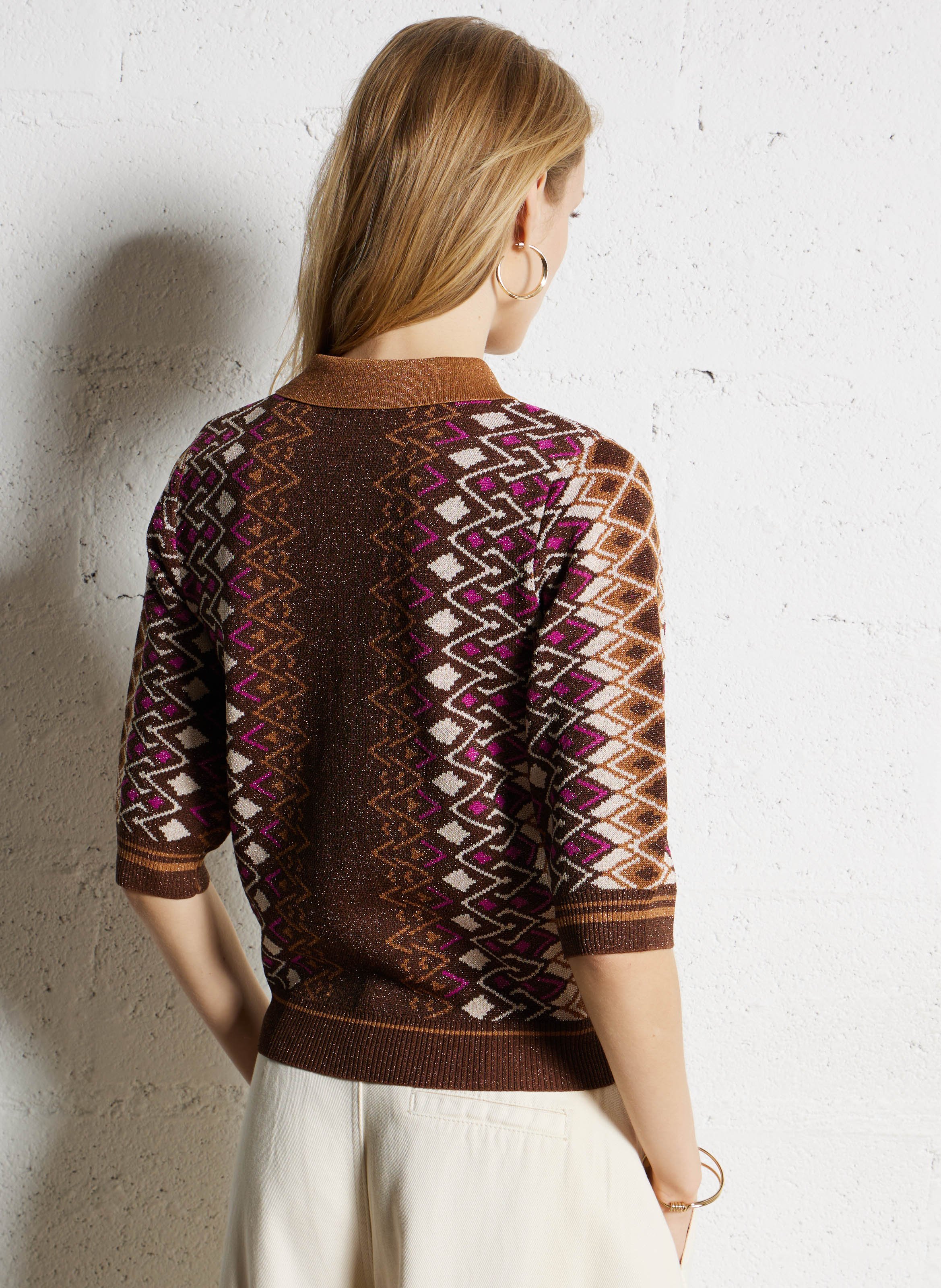 Pull col polo imprimé à paillettes SUNCOO Marron