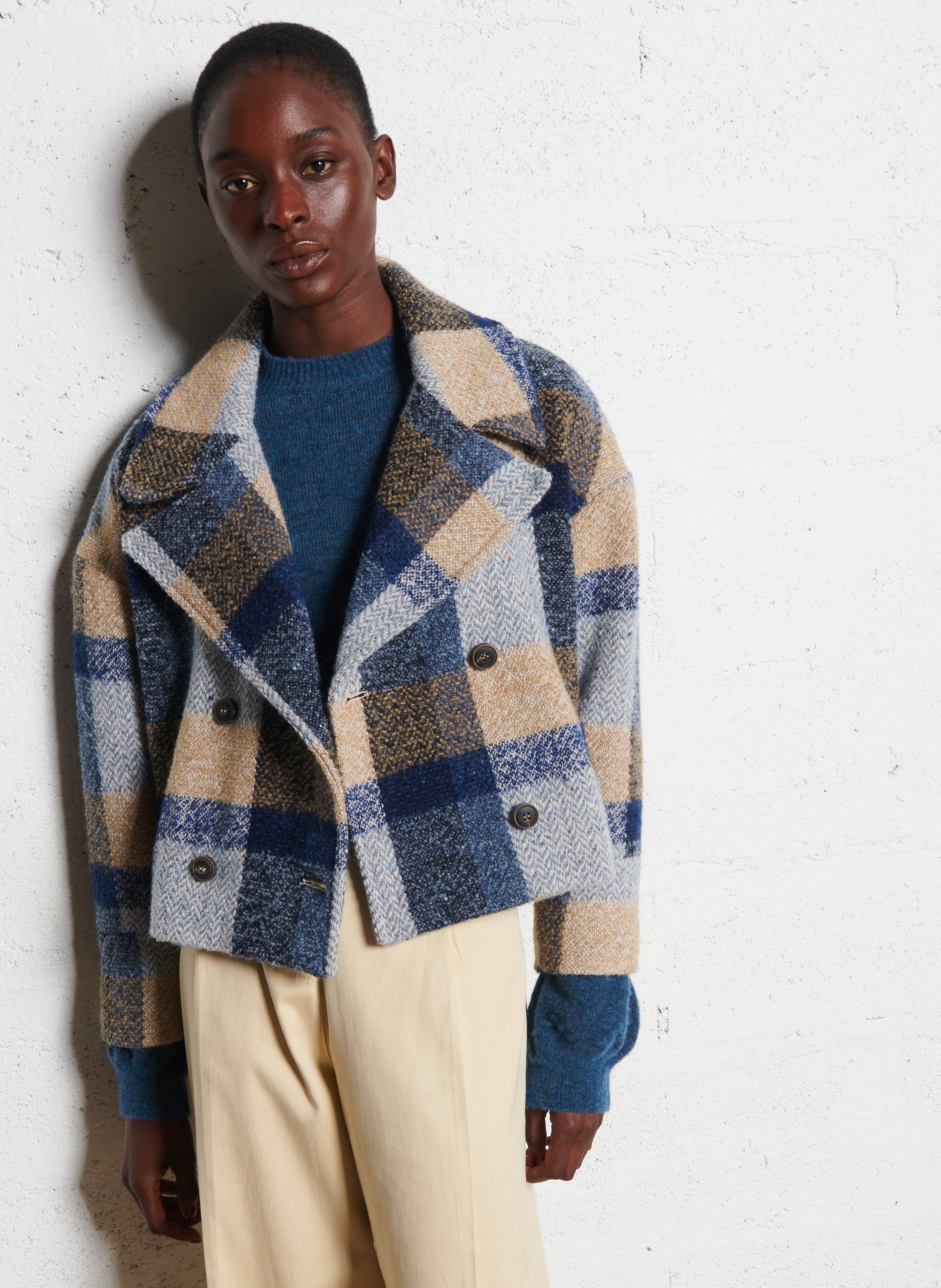 Manteau court à carreaux en laine mélangée MOMONI Multicolore