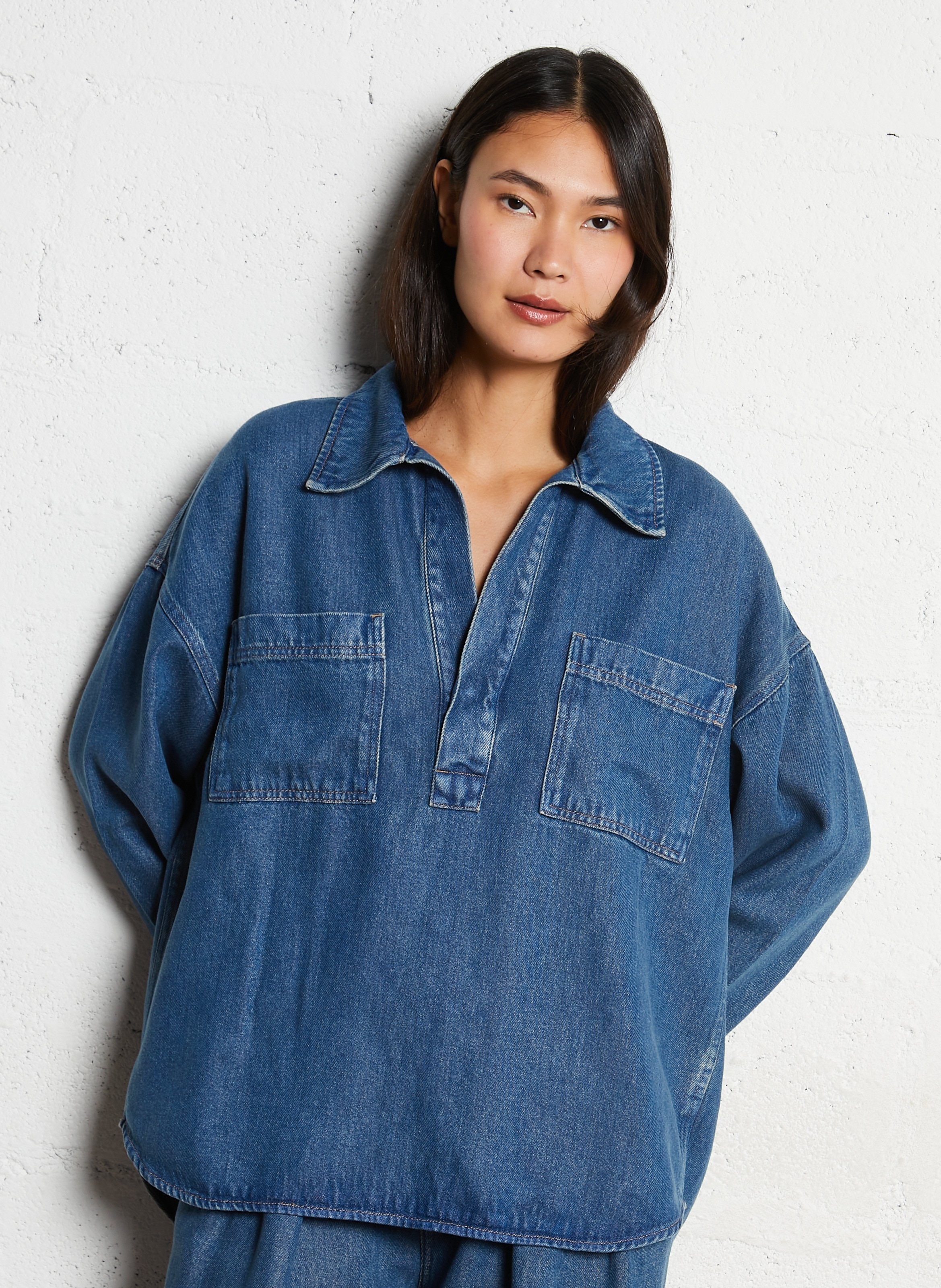 Top col classique en denim THE NEW SOCIETY Bleu