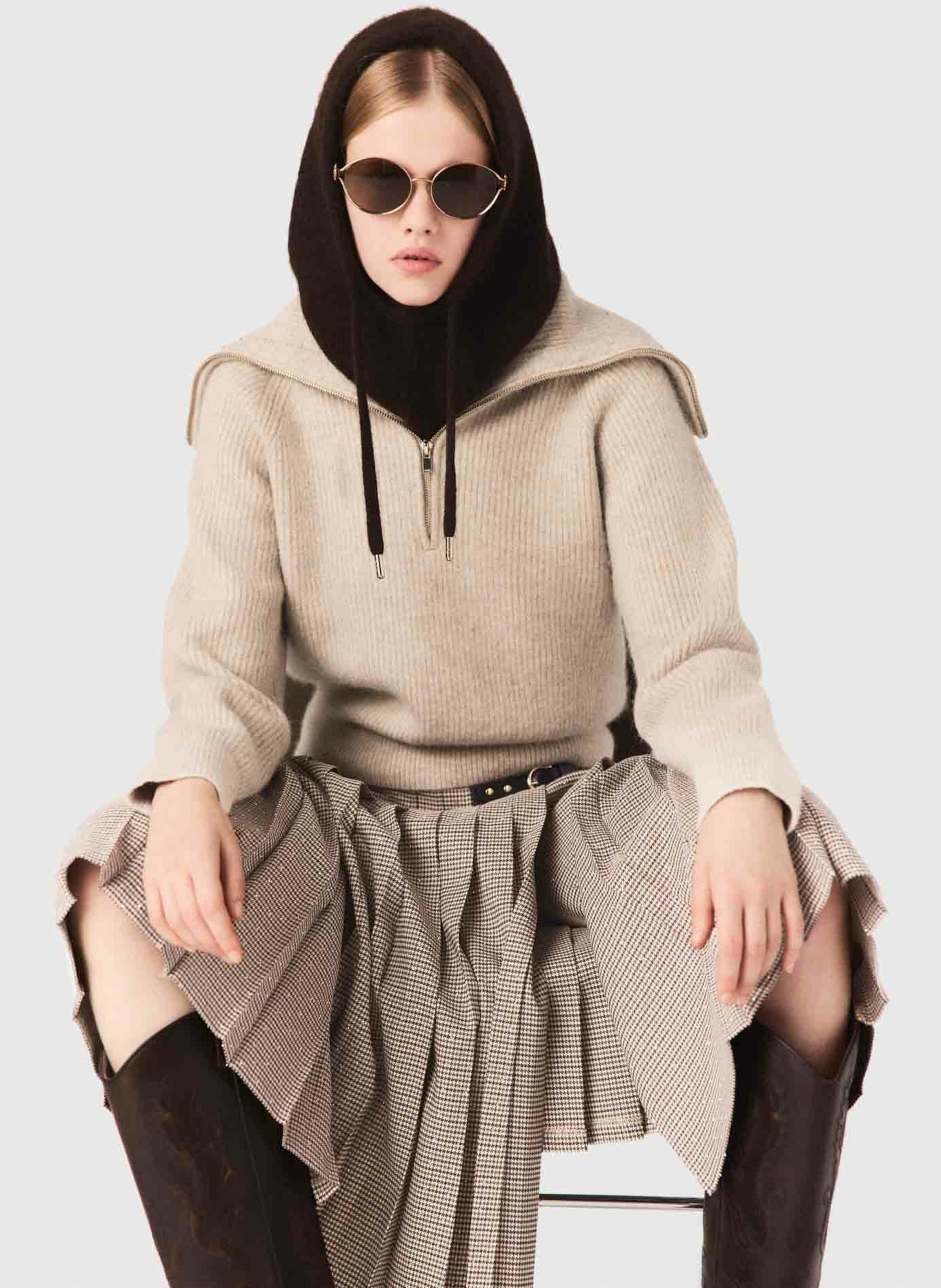 Pull droit col rabattu en maille MAJE Beige