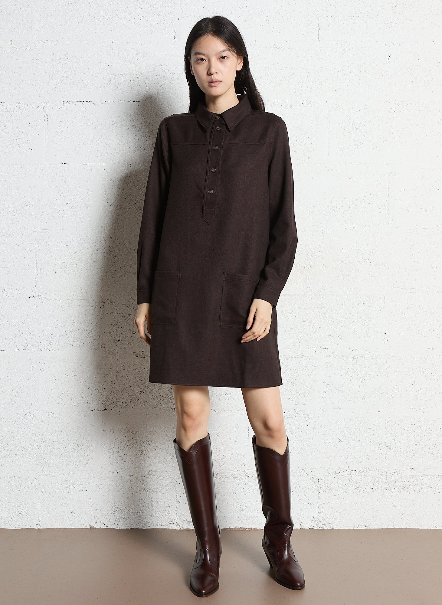 Solid straight dress with buttoned polo collar MAISON 123 Brown
