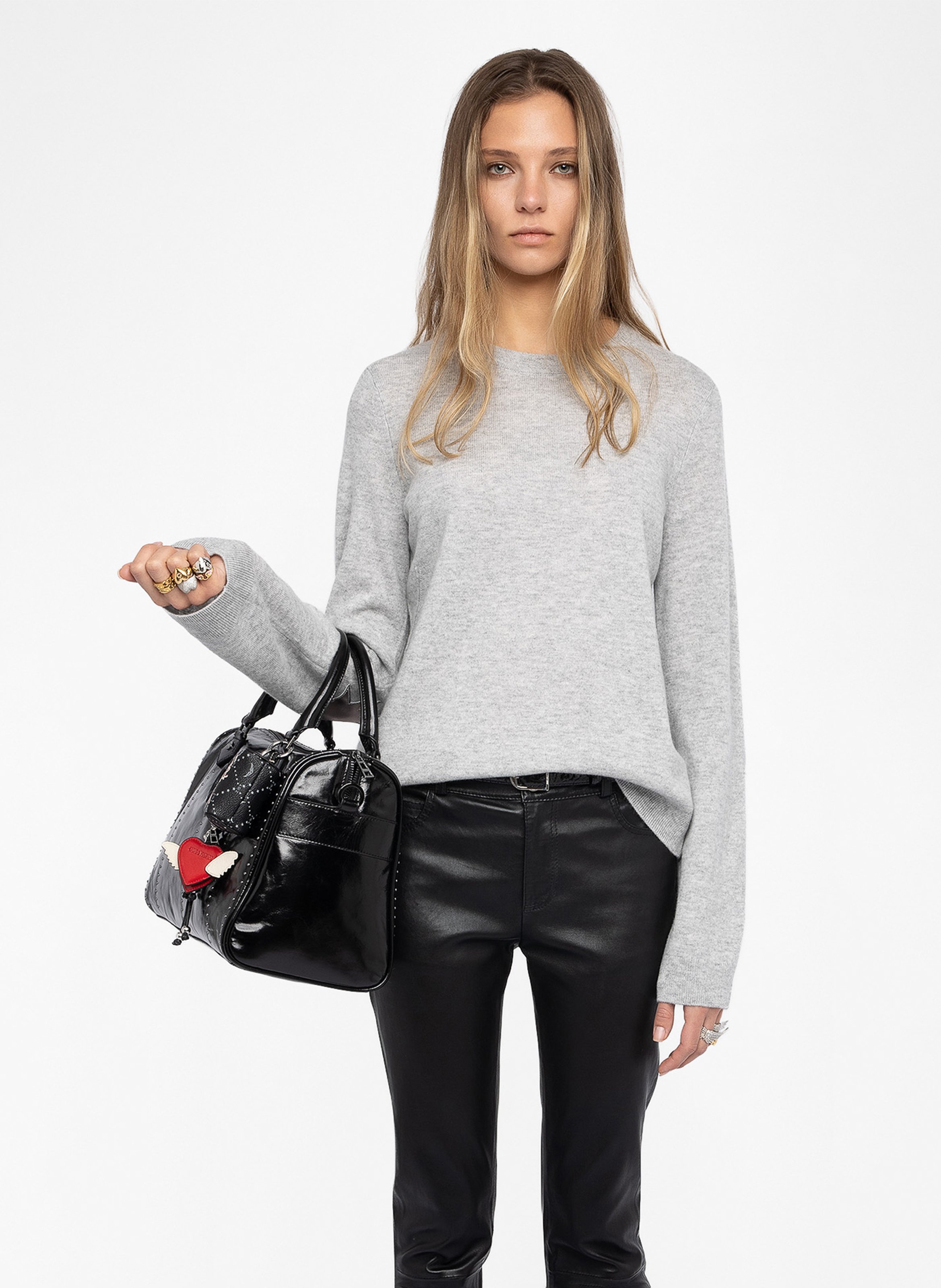 Pull col rond avec patchs en cuir ZADIG&VOLTAIRE Gris