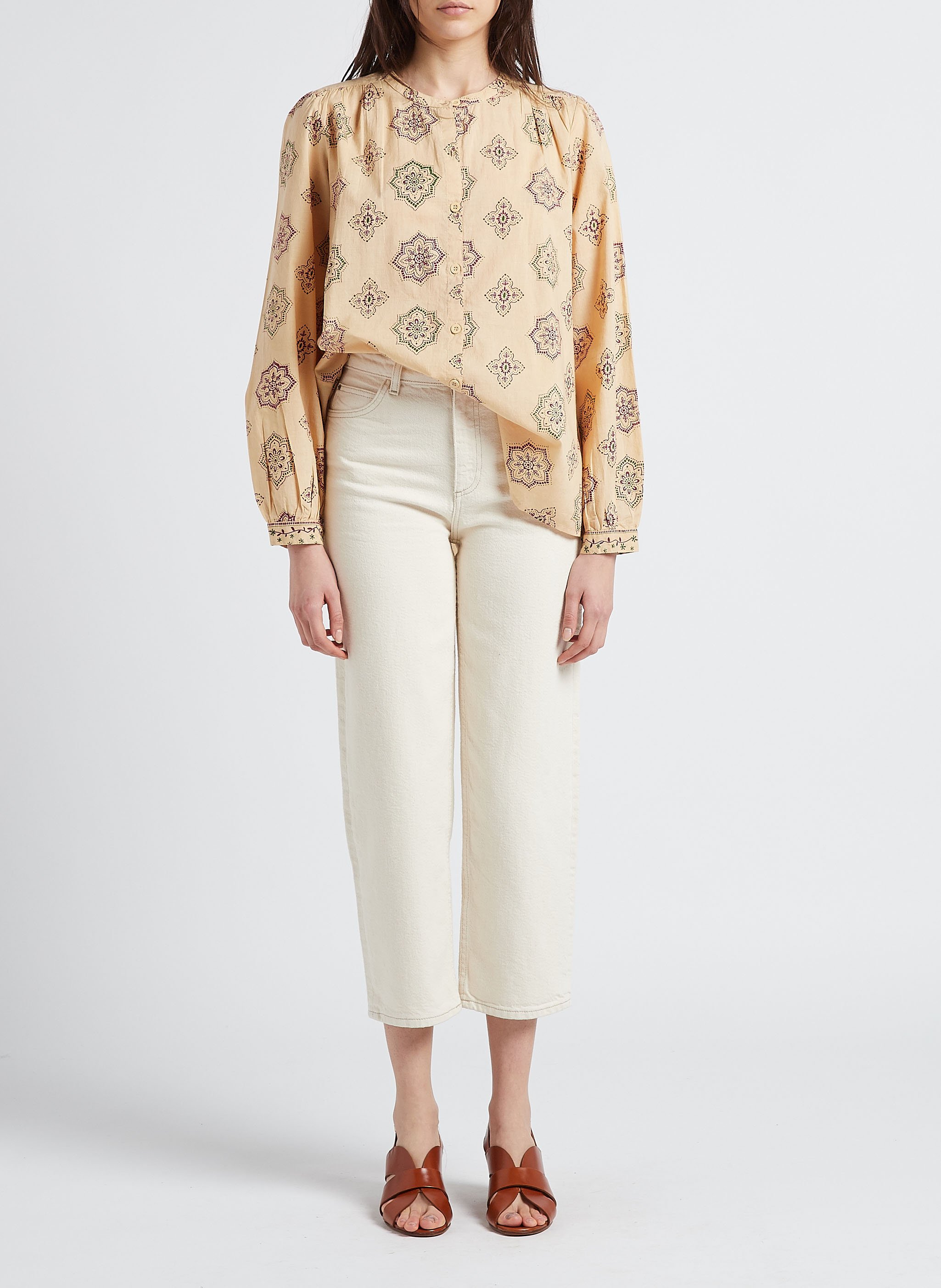 Bedruckte Baumwollbluse mit Rundhalskragen SWILDENS Beige