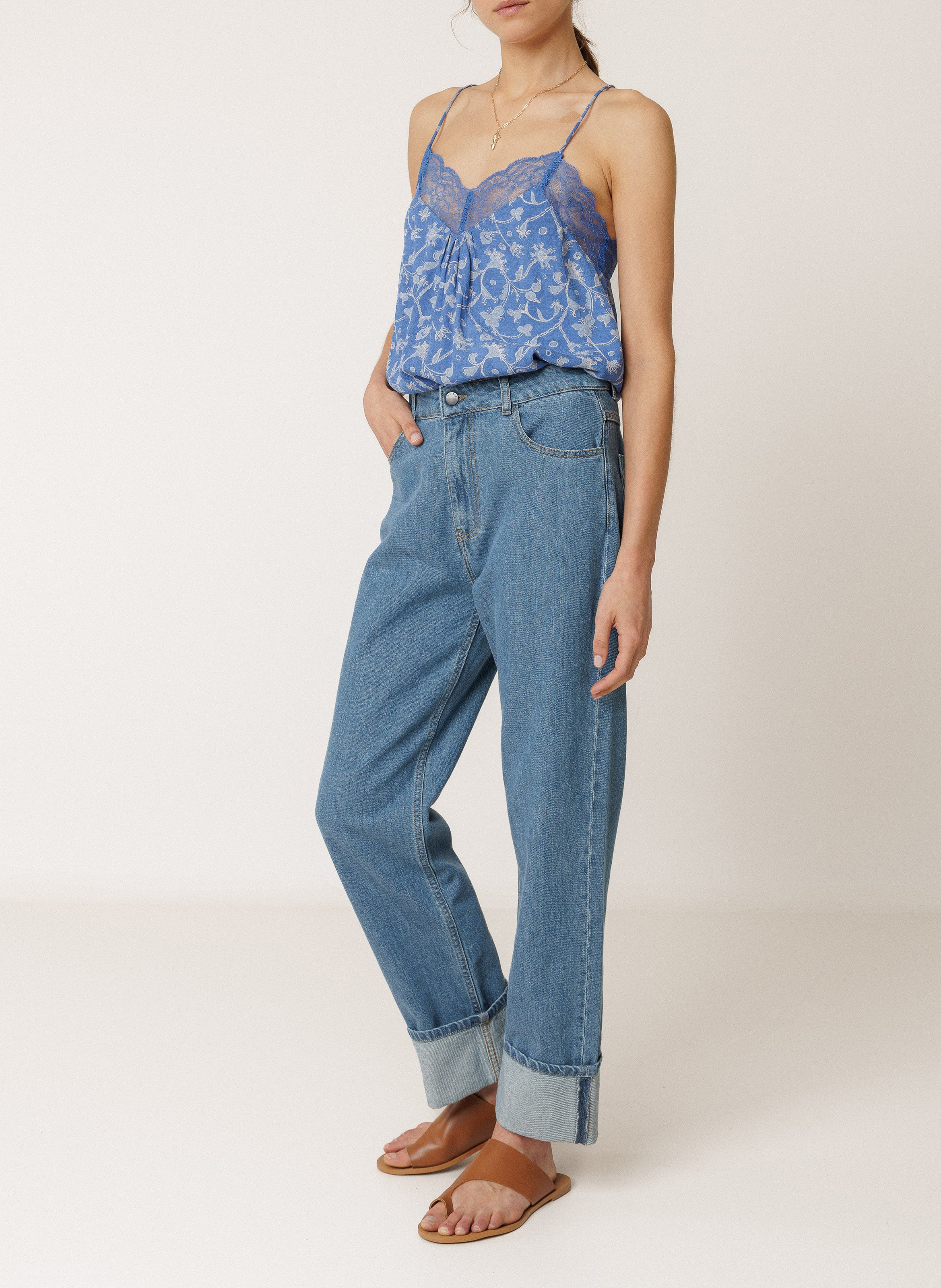 Top col V dentelle à imprimé INDI & COLD Bleu