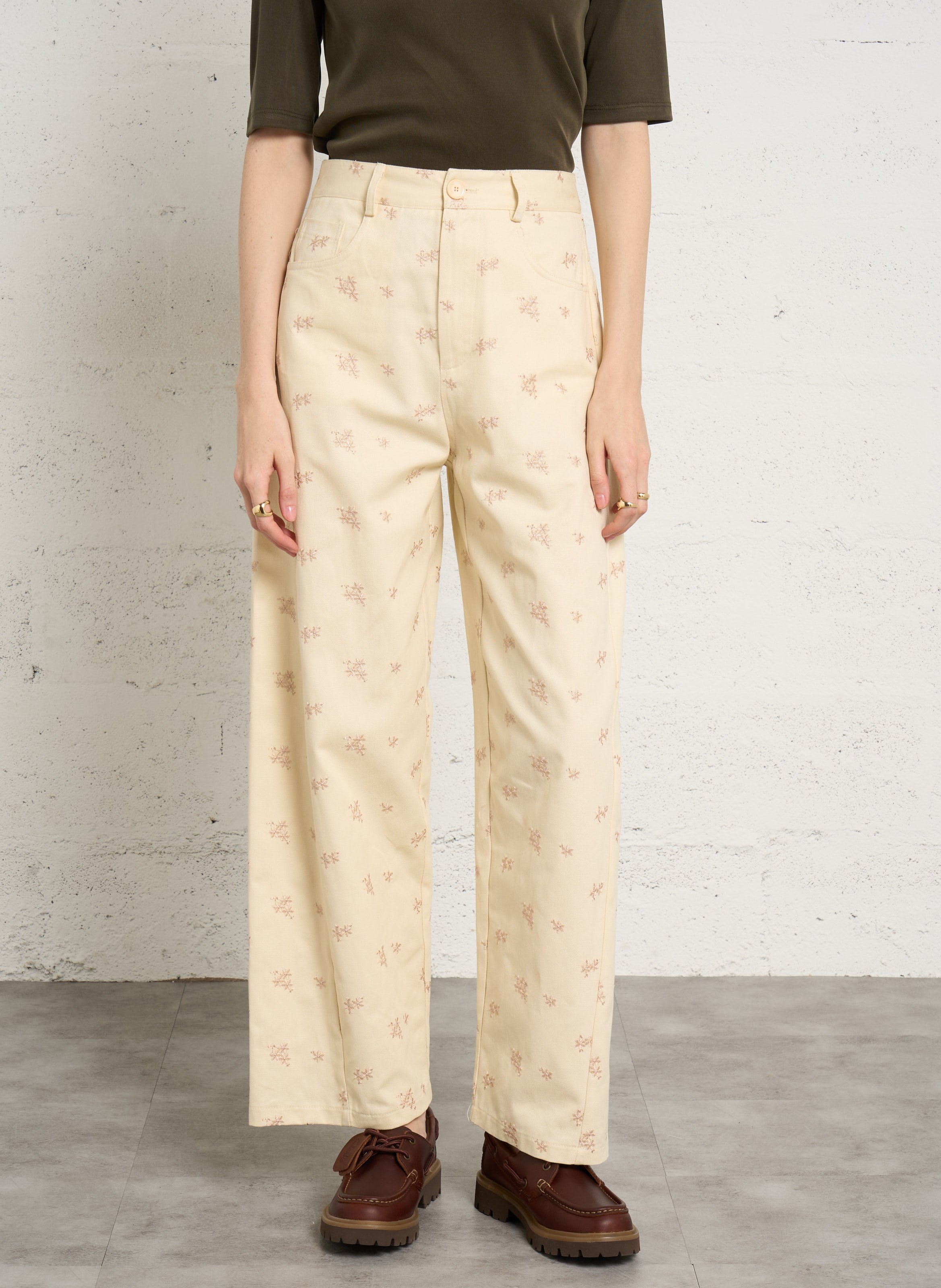 Pantalon large taille haute en coton mélangé IMPERIAL Beige