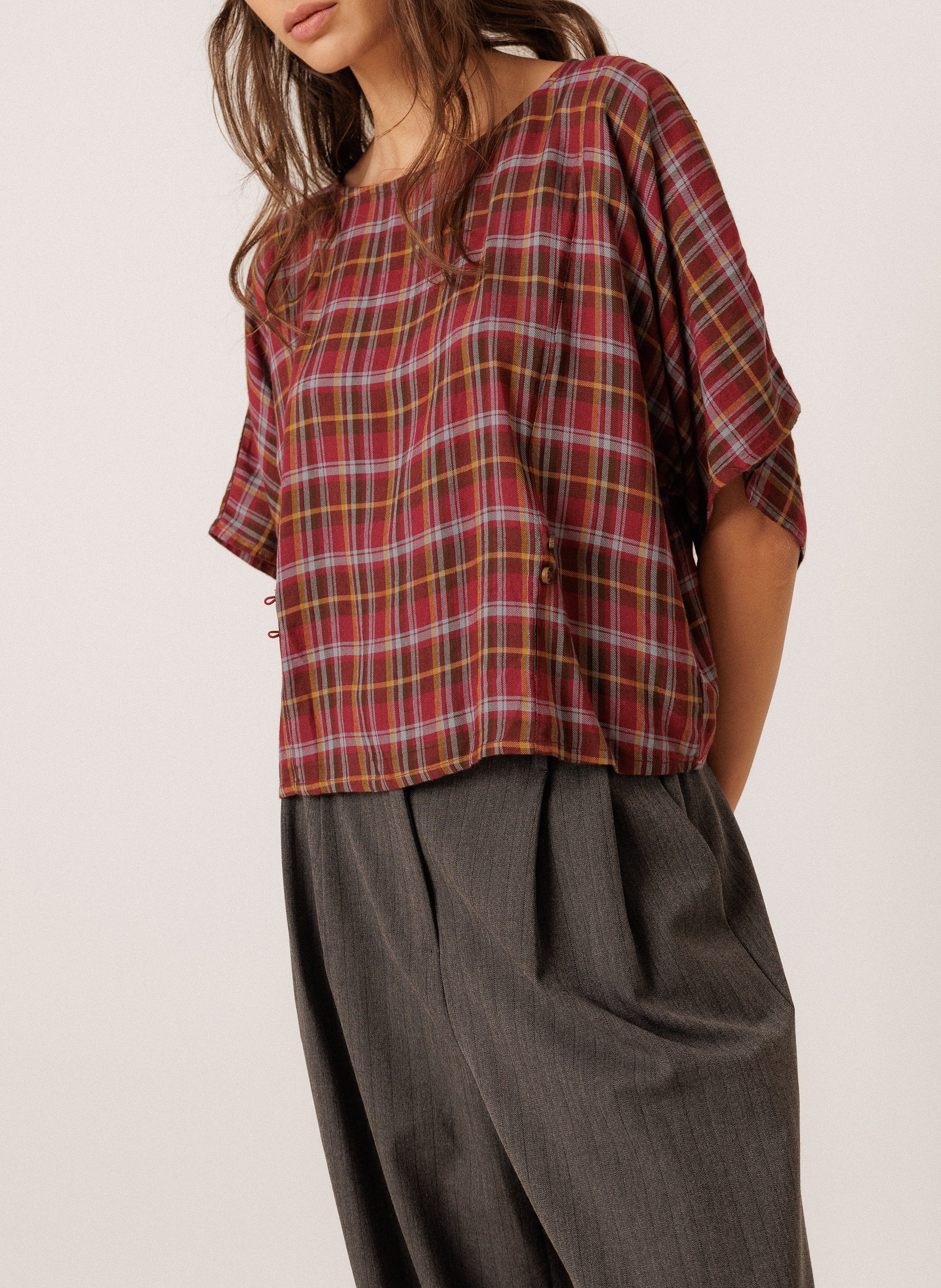 Fitted Check Top INDI & COLD Red