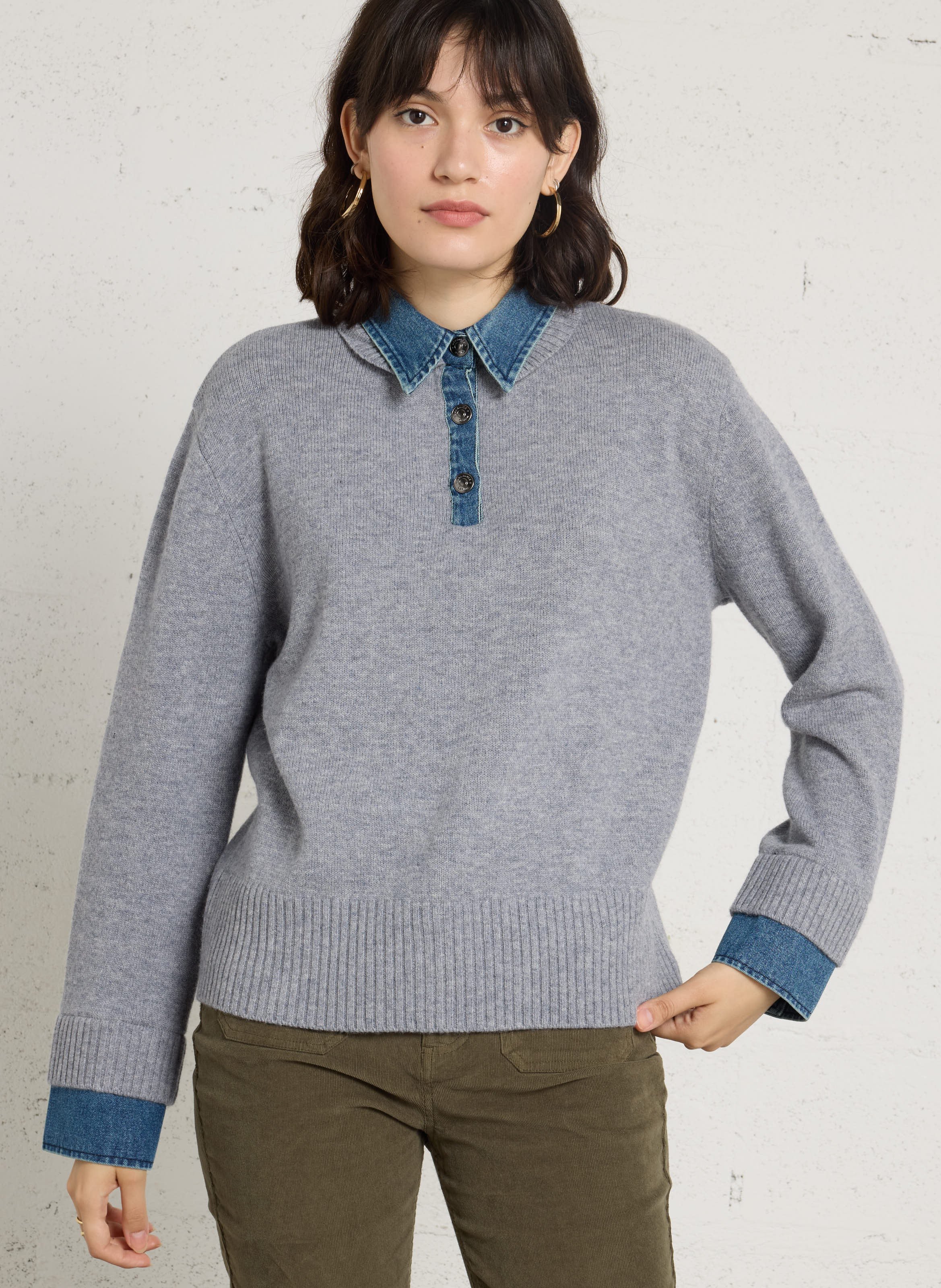 Pull droit col classique en laine BERENICE Gris