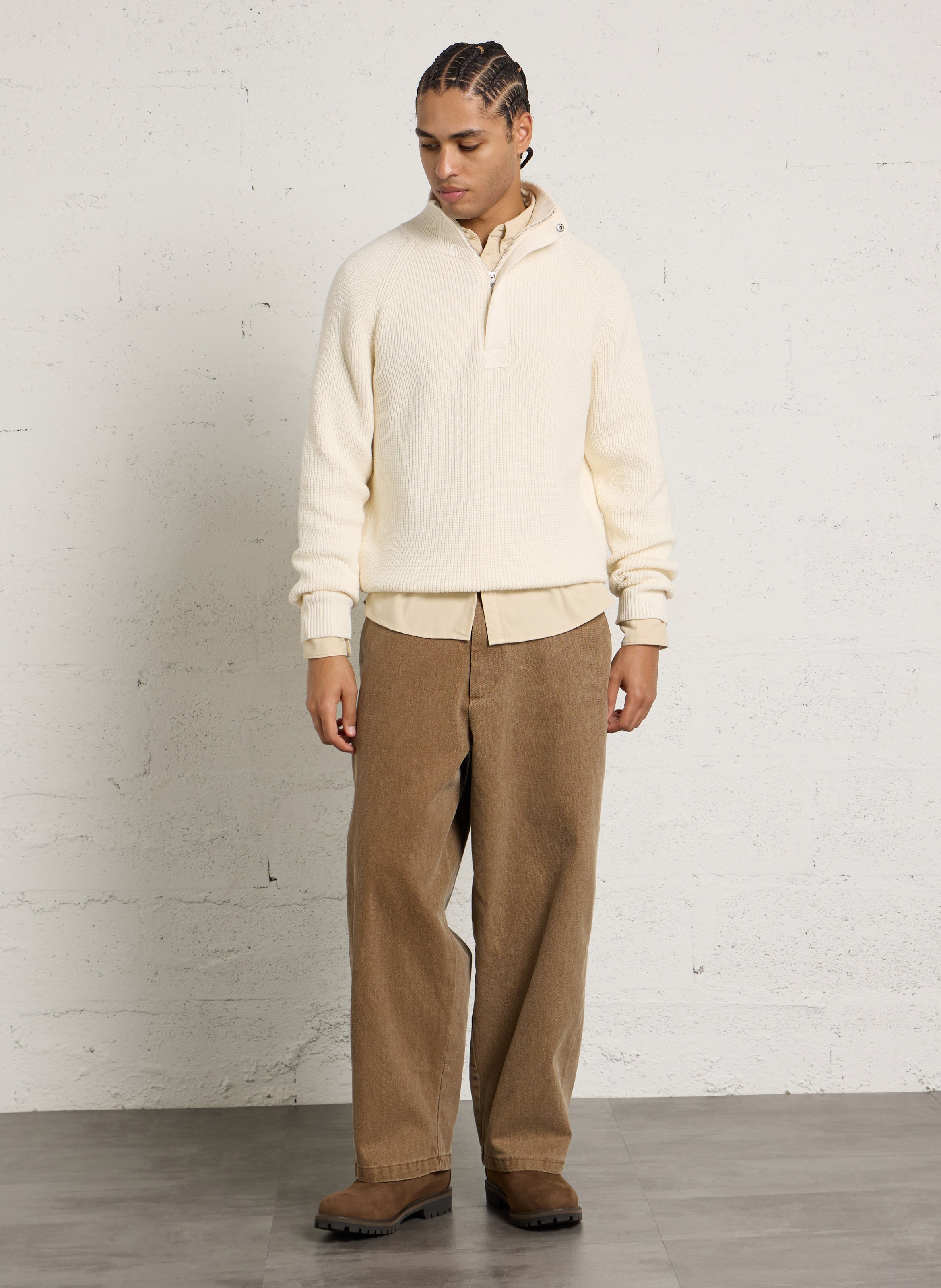 Pull droit côtelé en laine et coton  IKKS Blanc