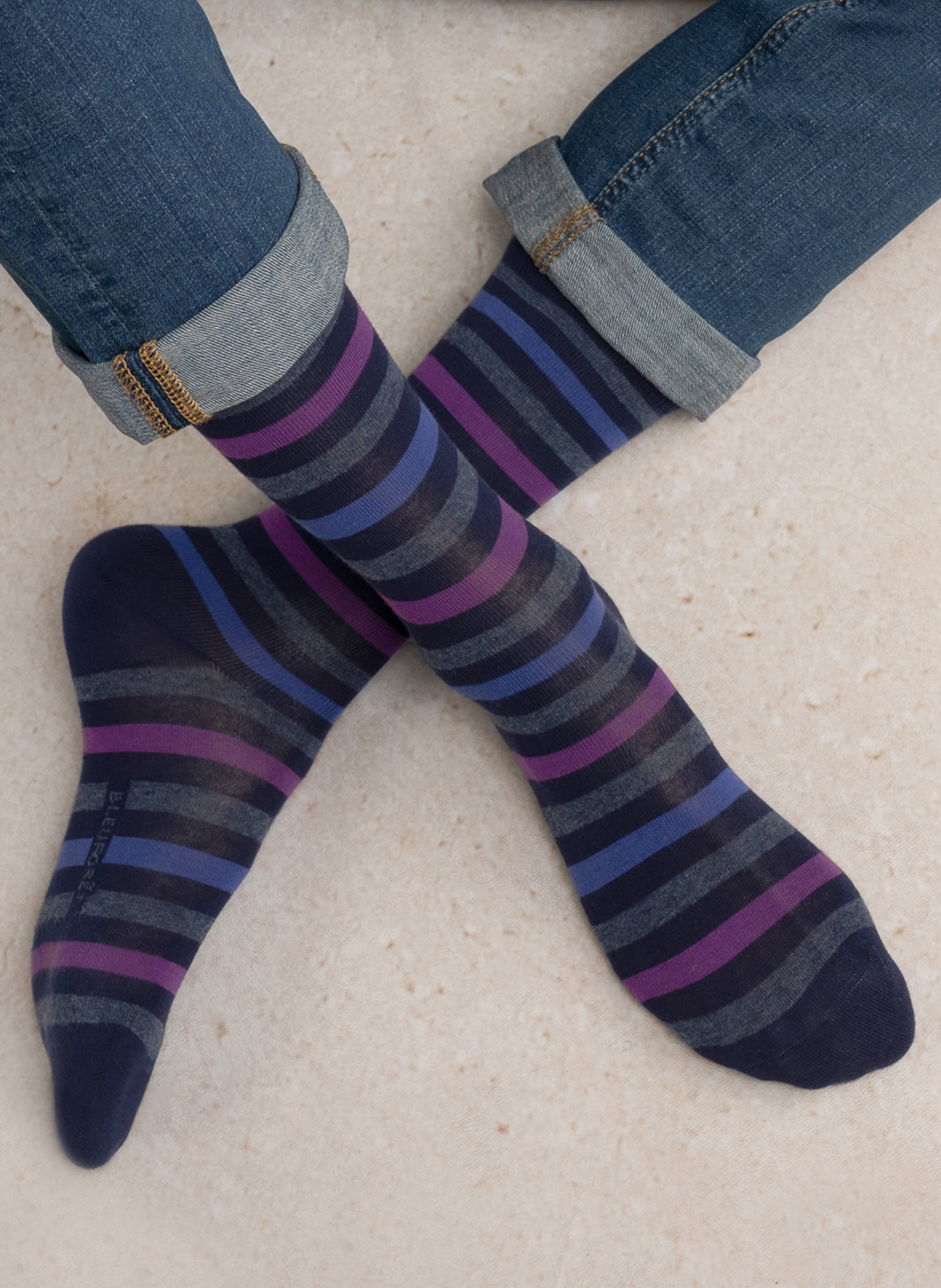 Chaussettes rayées en coton mélangé Encre-Violet Bleuforet Homme