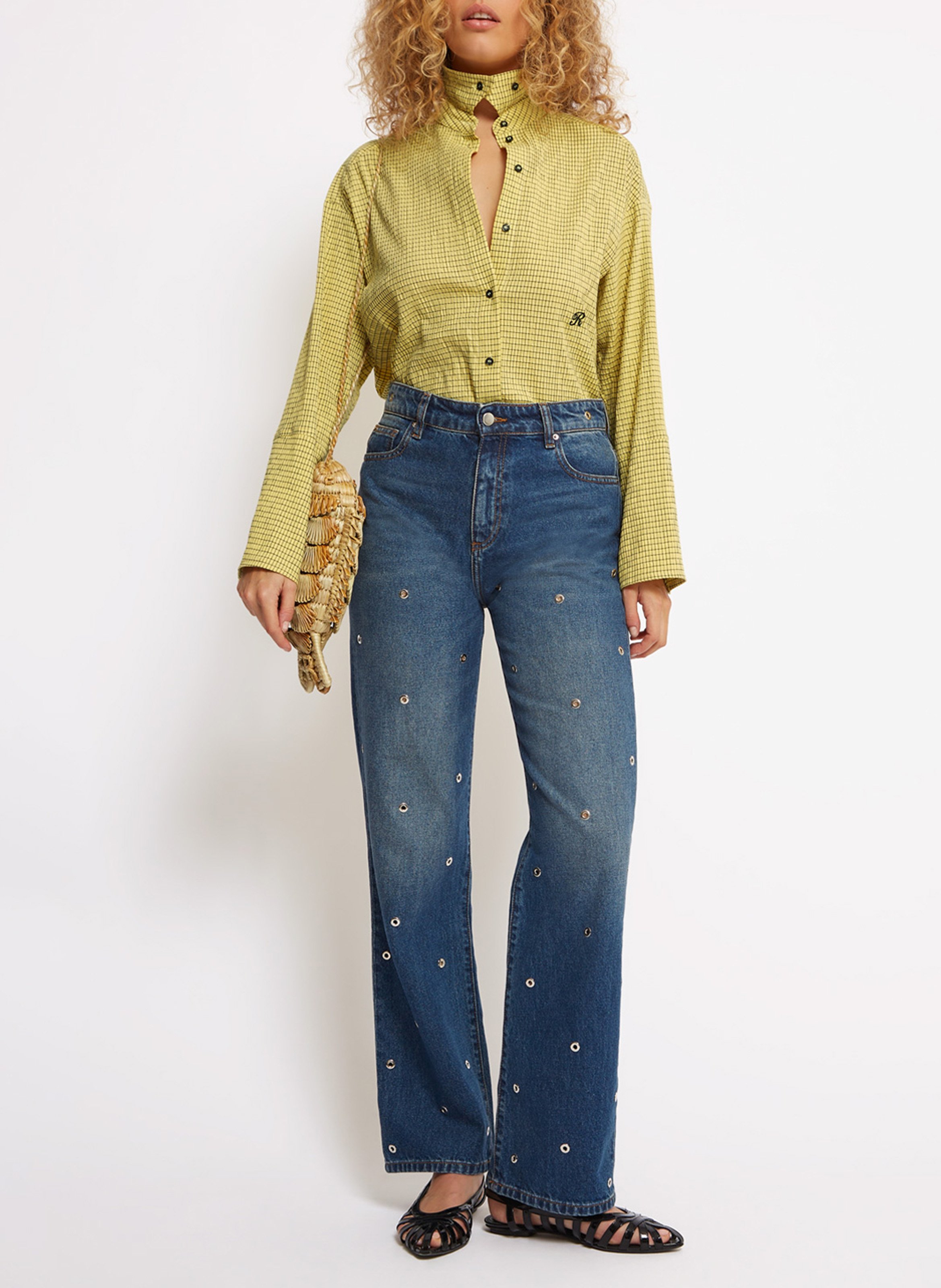 Chemise col classique à carreaux en coton mélangé ROSEANNA Jaune