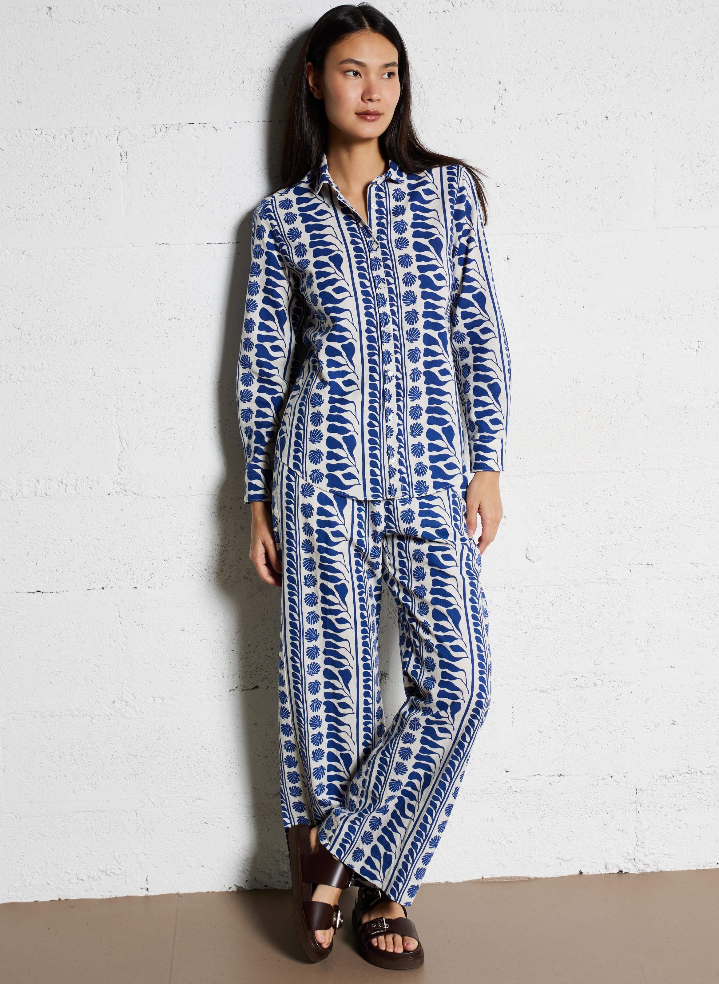 Chemise droite imprimée en coton et lin Bleu