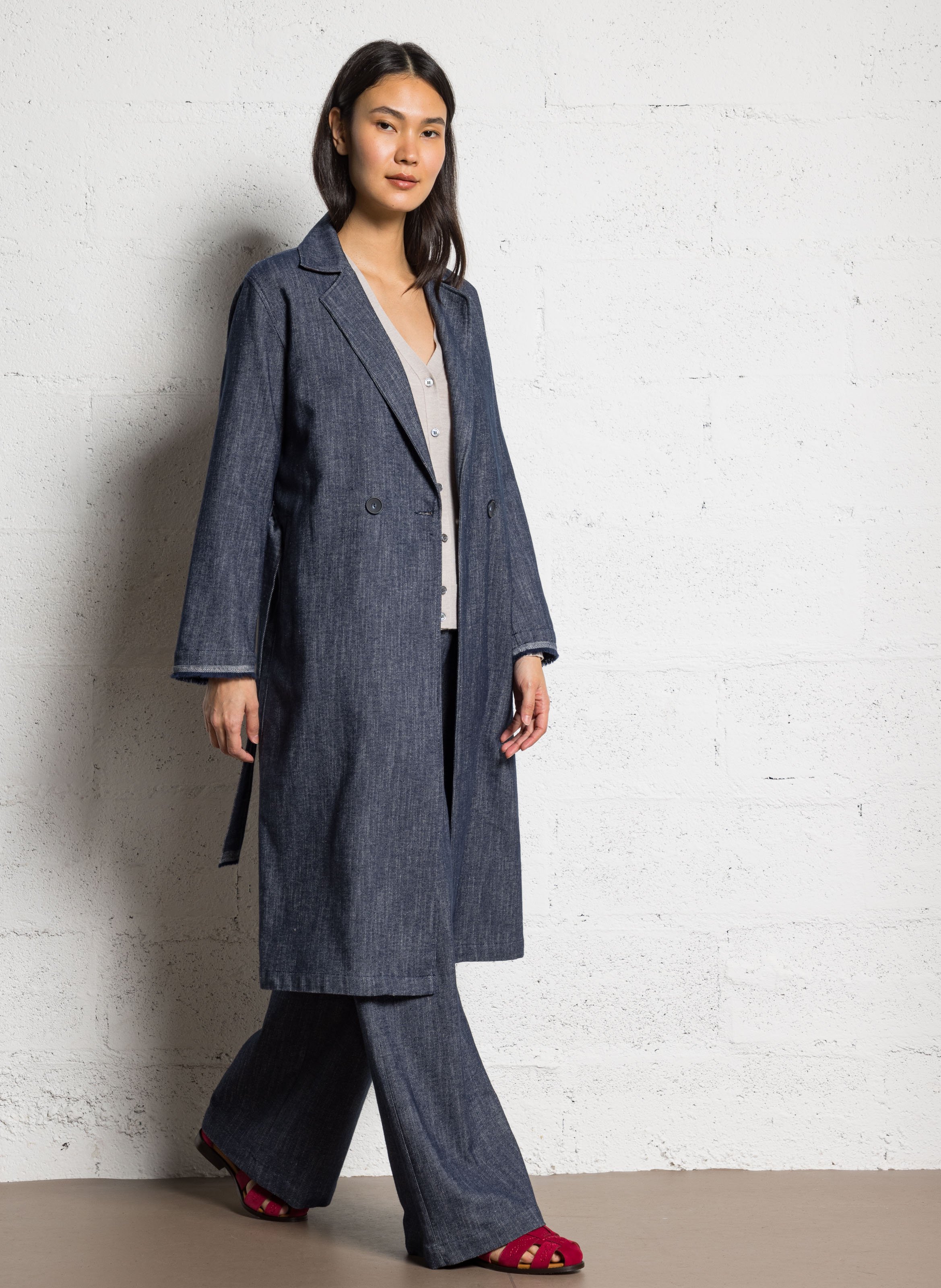 Manteau large ceinturé en denim brut DIEGA Bleu