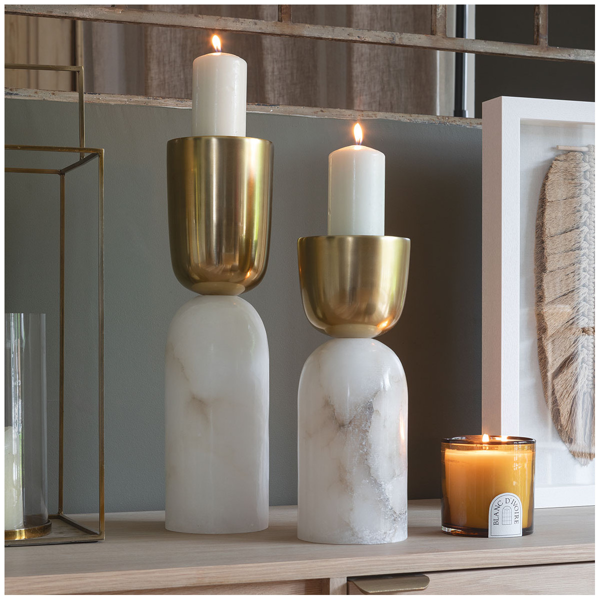 Photophore en marbre et métal BLANC D'IVOIRE Doré