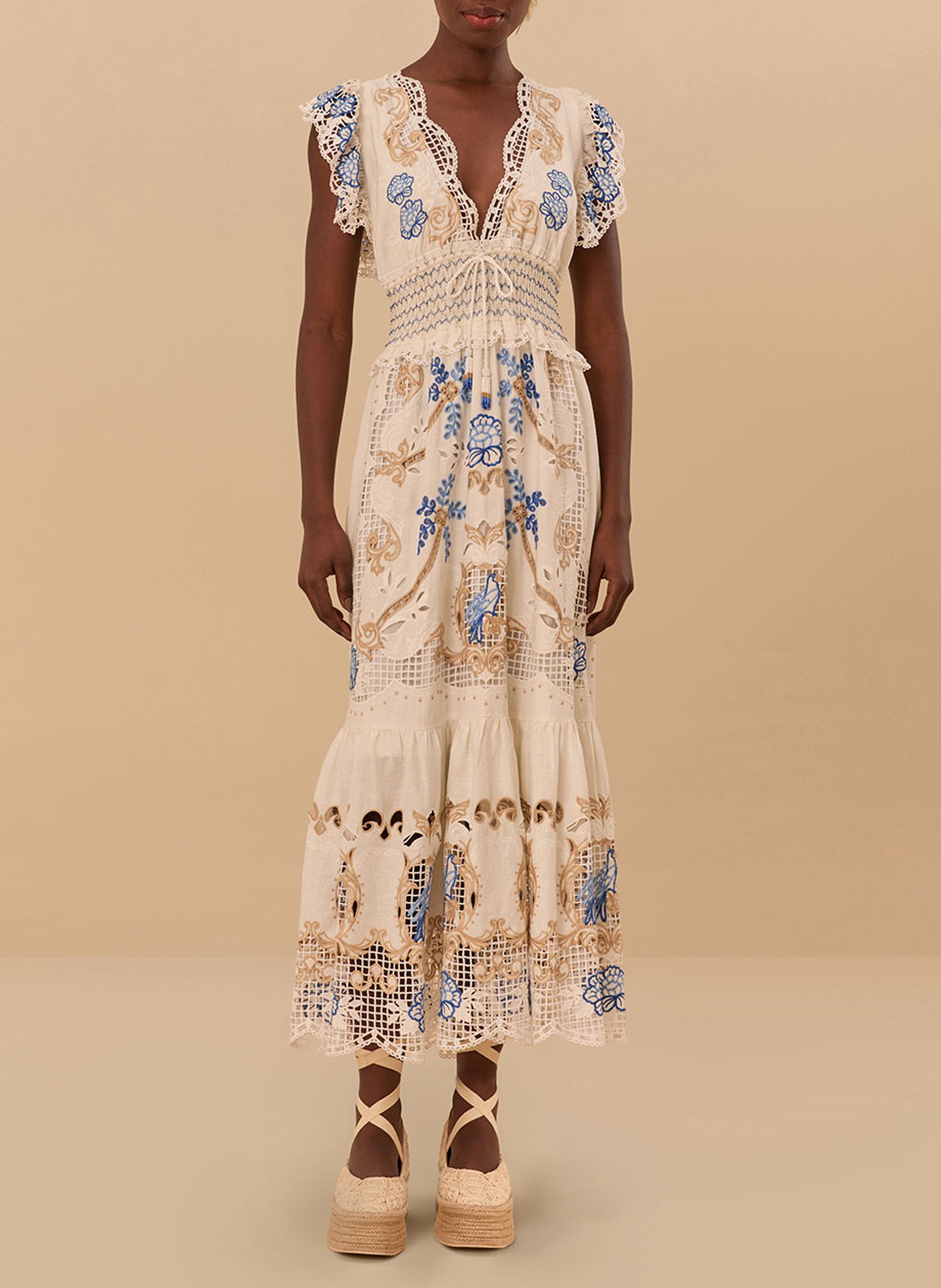 Long embroidered dress with a V-neckline FARM RIO White