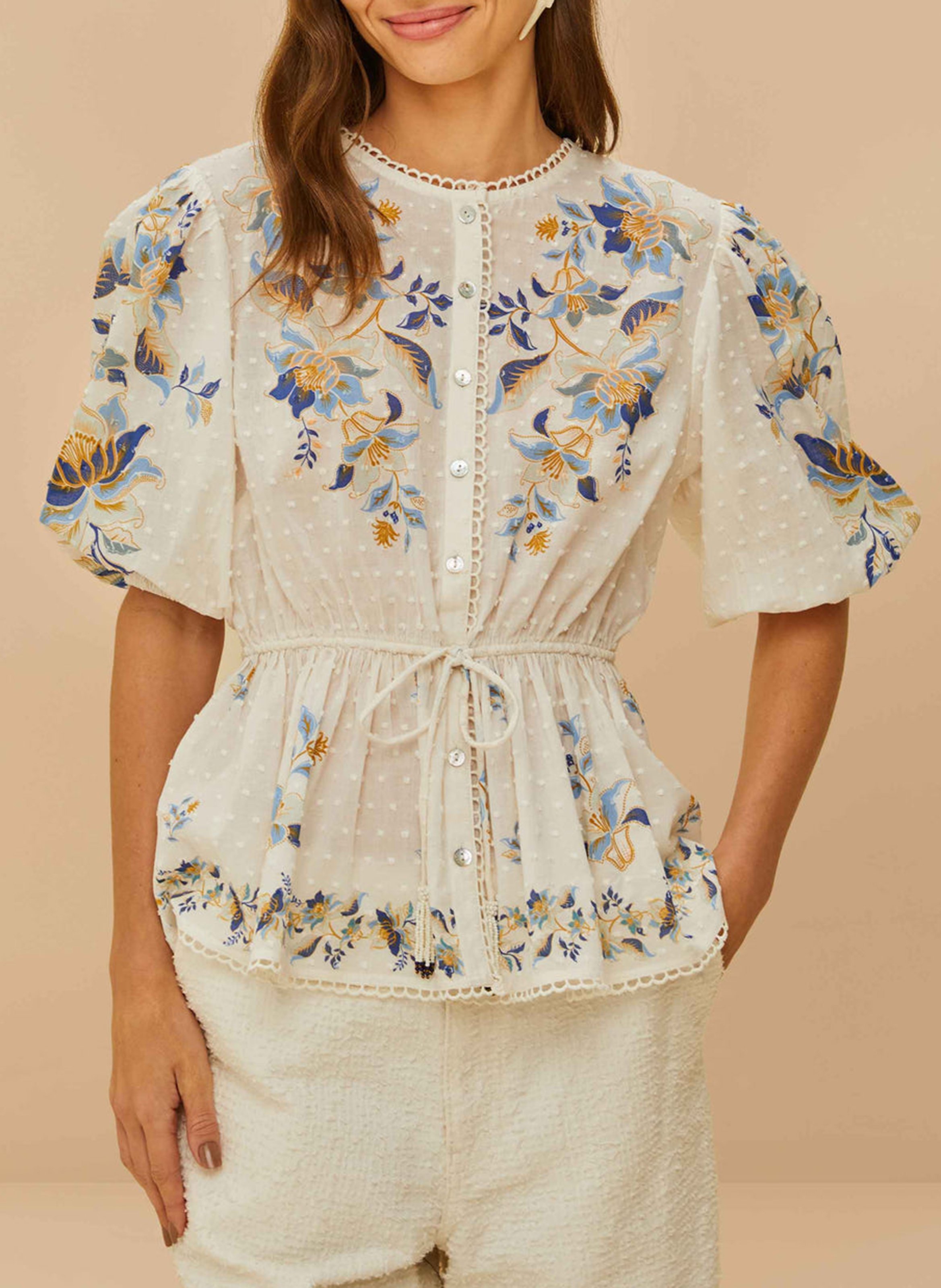 Top cintré col rond en coton FARM RIO Blanc