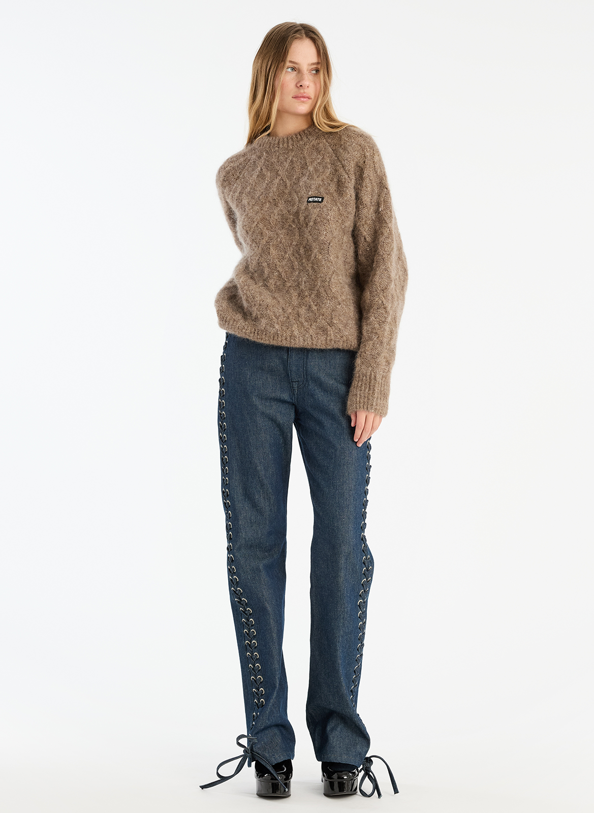 Pull droit uni en laine mélangée ROTATE Marron