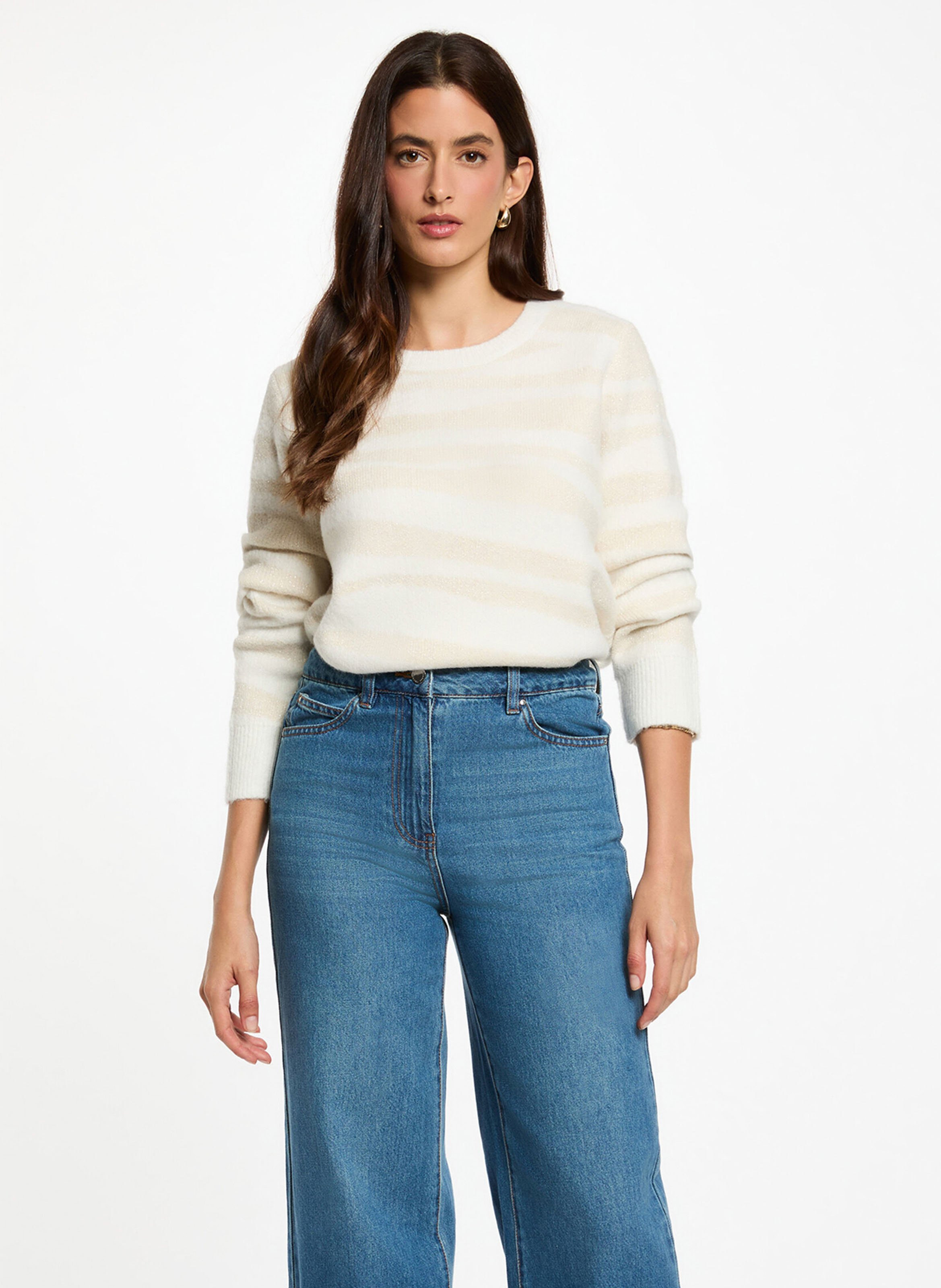 Straight round neck sweater in printed knit MORGAN Beige