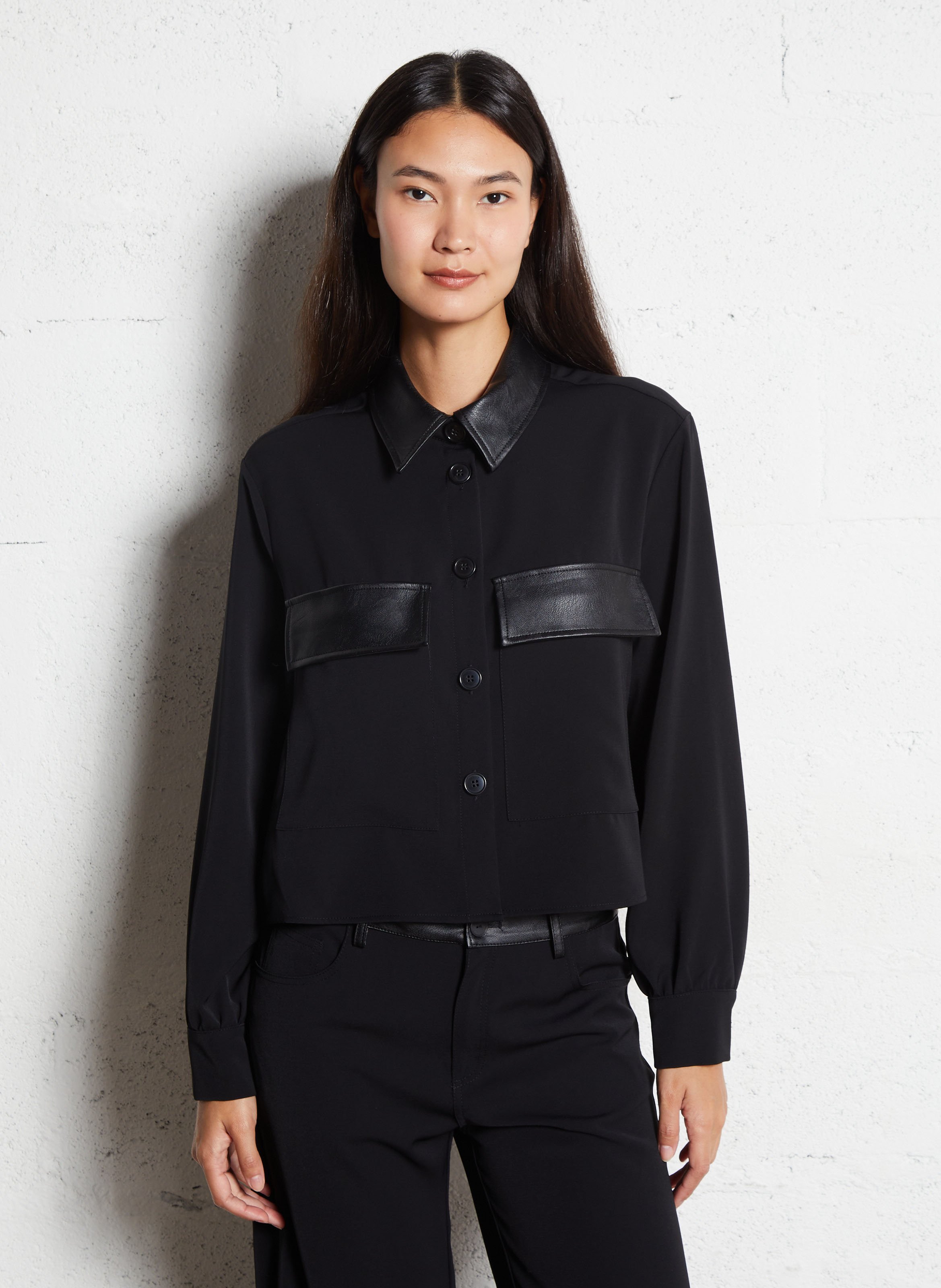 Short solid color jacket with faux leather details PLEASE Black