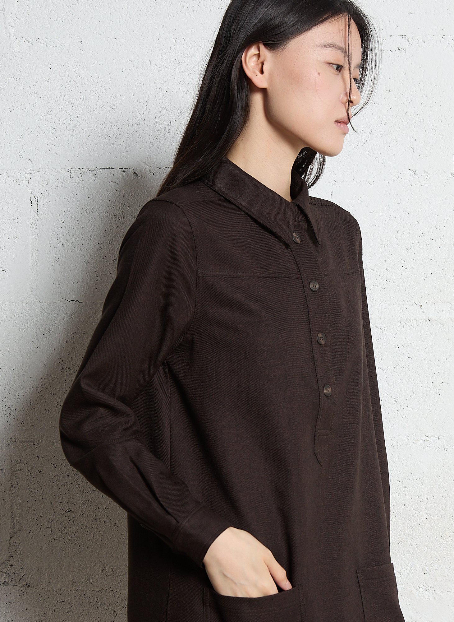 Solid straight dress with buttoned polo collar MAISON 123 Brown