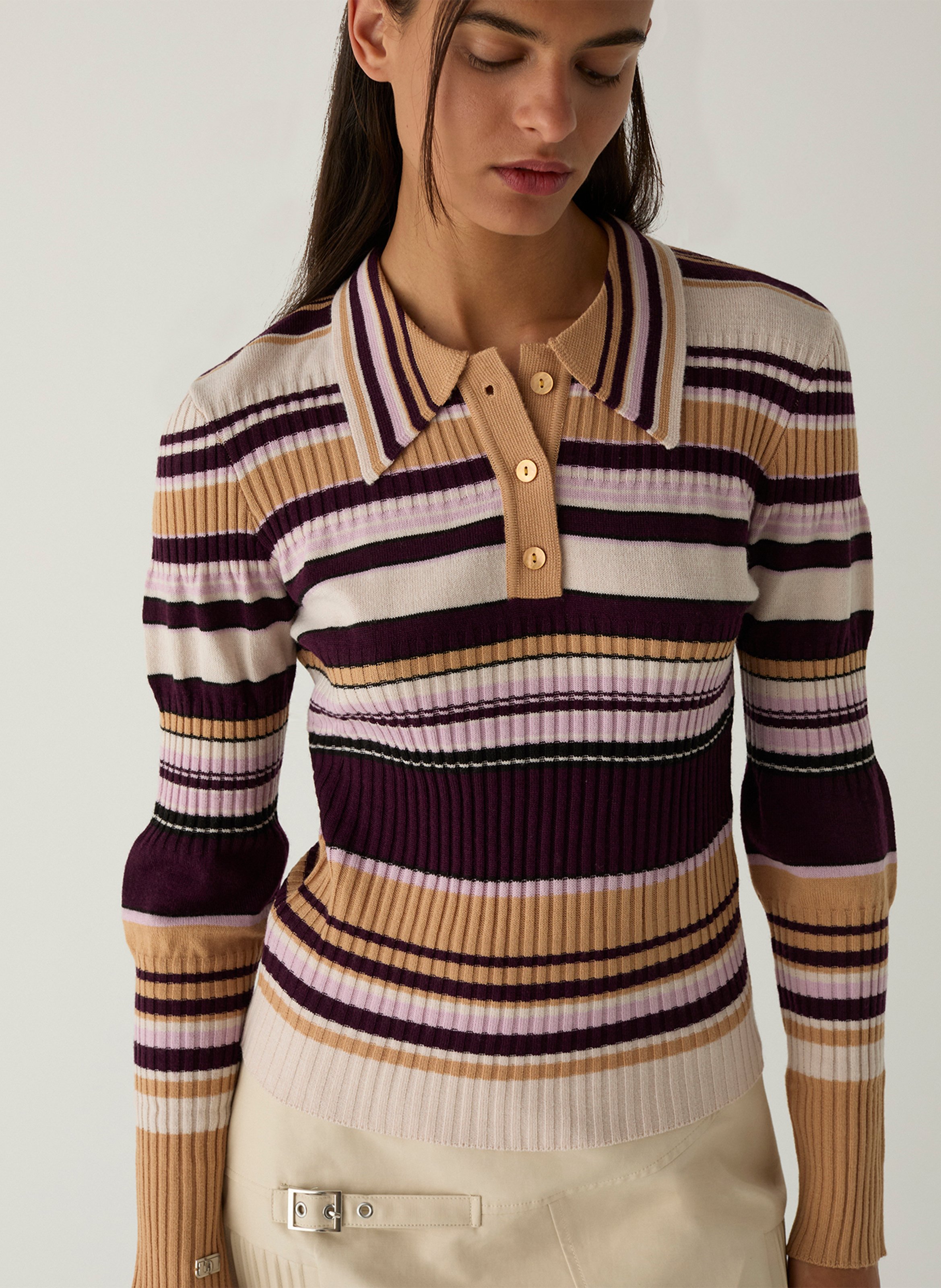 Straight fit polo collar sweater in striped knit. LAAGAM Beige
