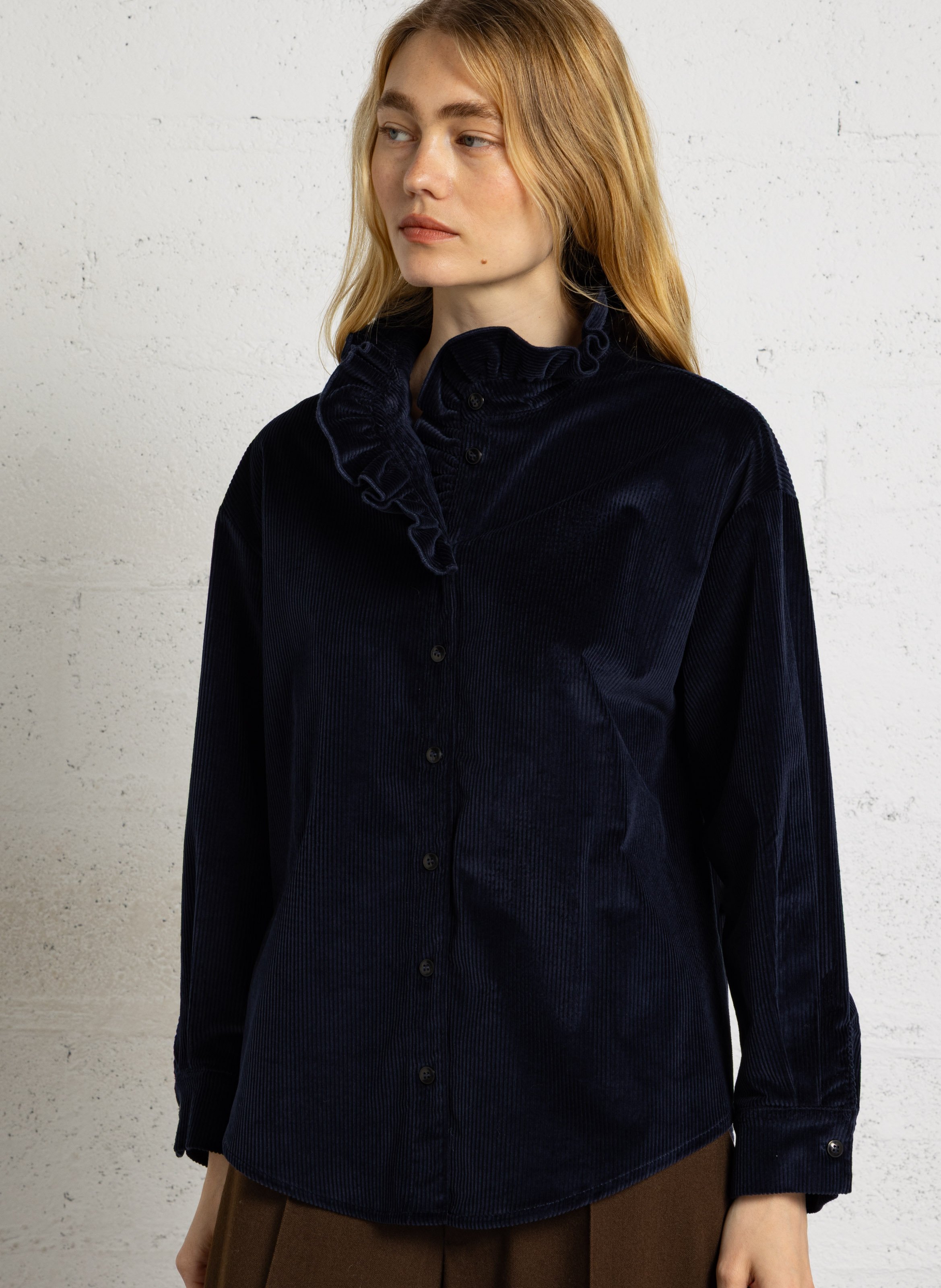 Loose-fitting cotton-blend shirt with high collar SUZIE WINKLE Blue