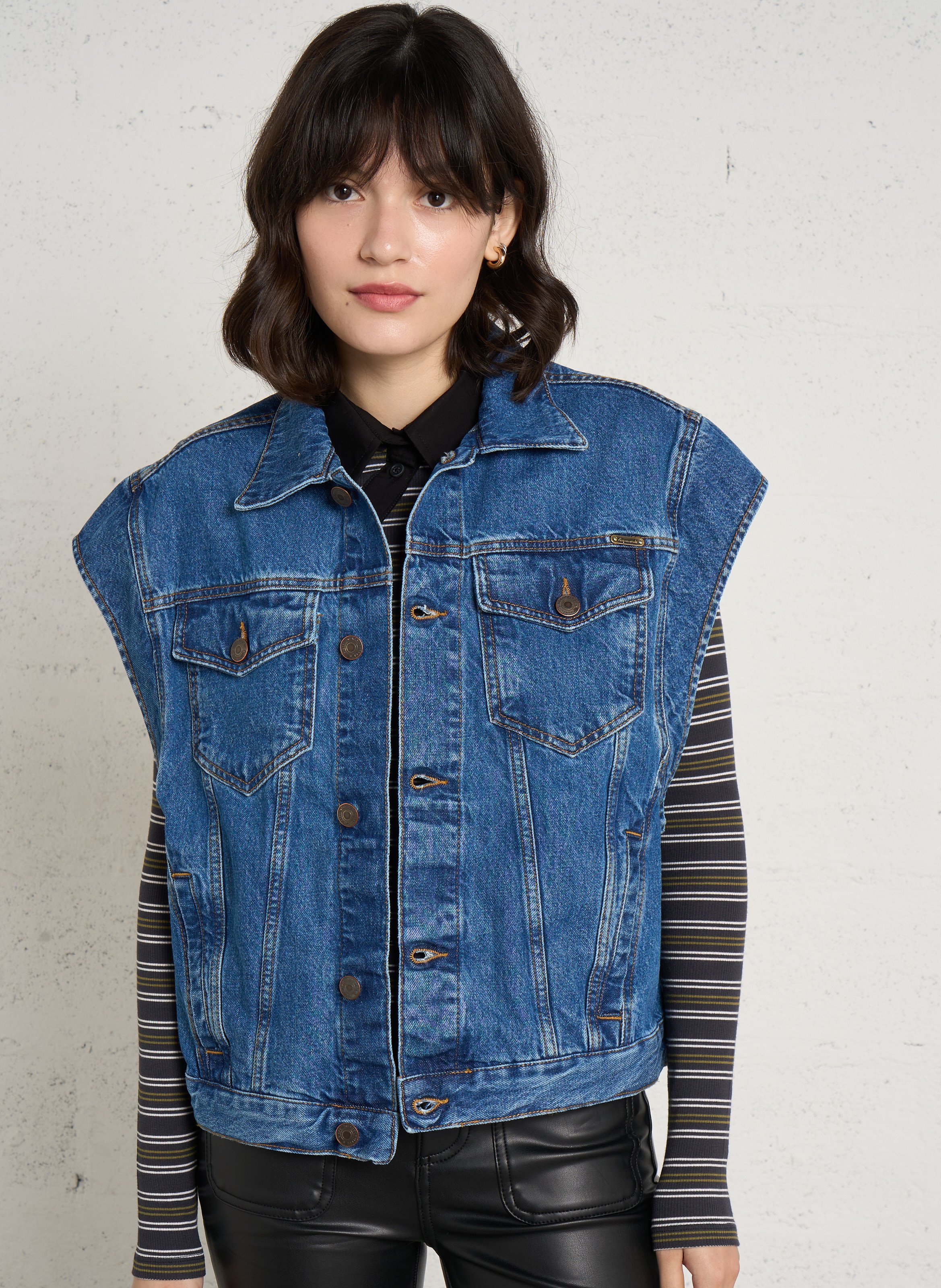 Straight sleeveless jacket in cotton-blend denim ACQUAVERDE