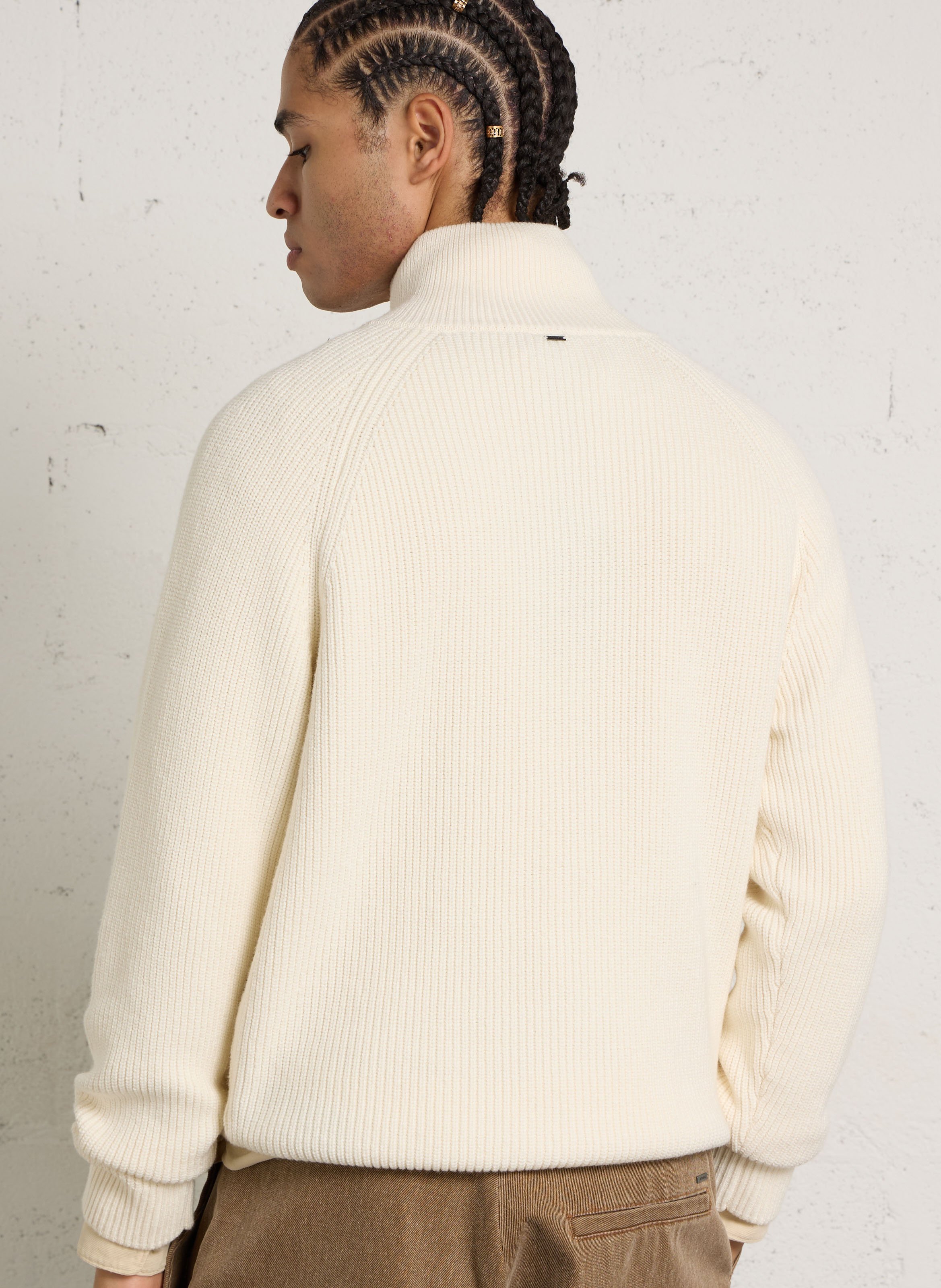 Pull droit côtelé en laine et coton  IKKS Blanc