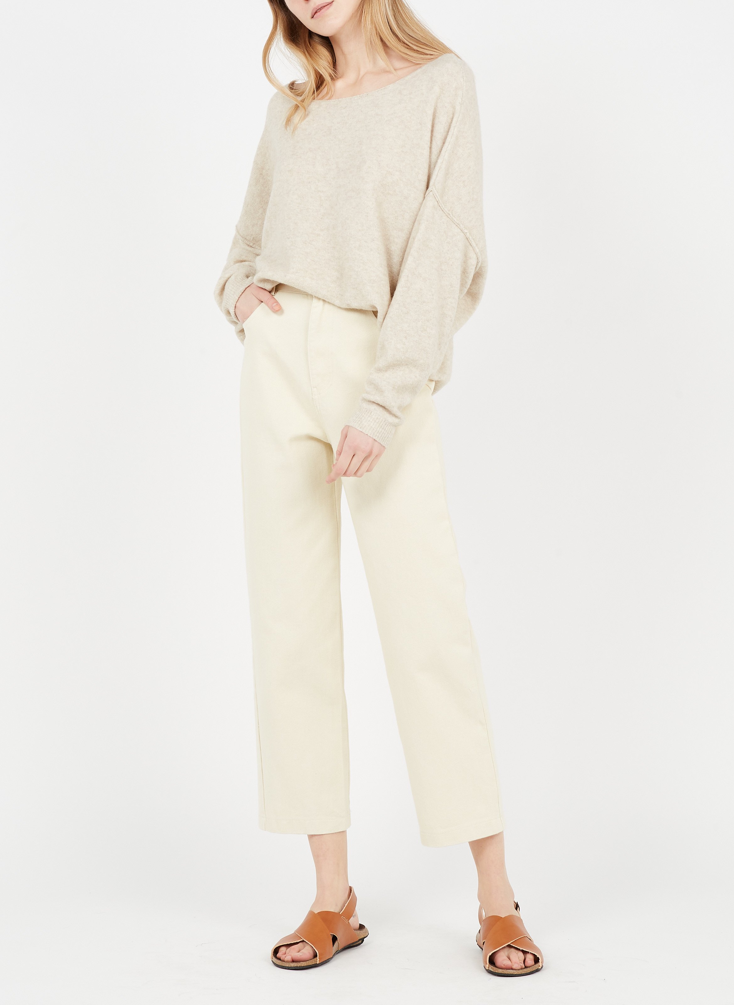 Wollmix-Pullover mit U-Boot-Ausschnitt Beige