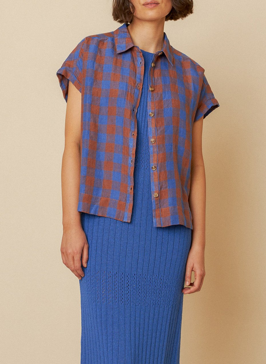 Checkered shirt in cotton and linen INDI & COLD Blue