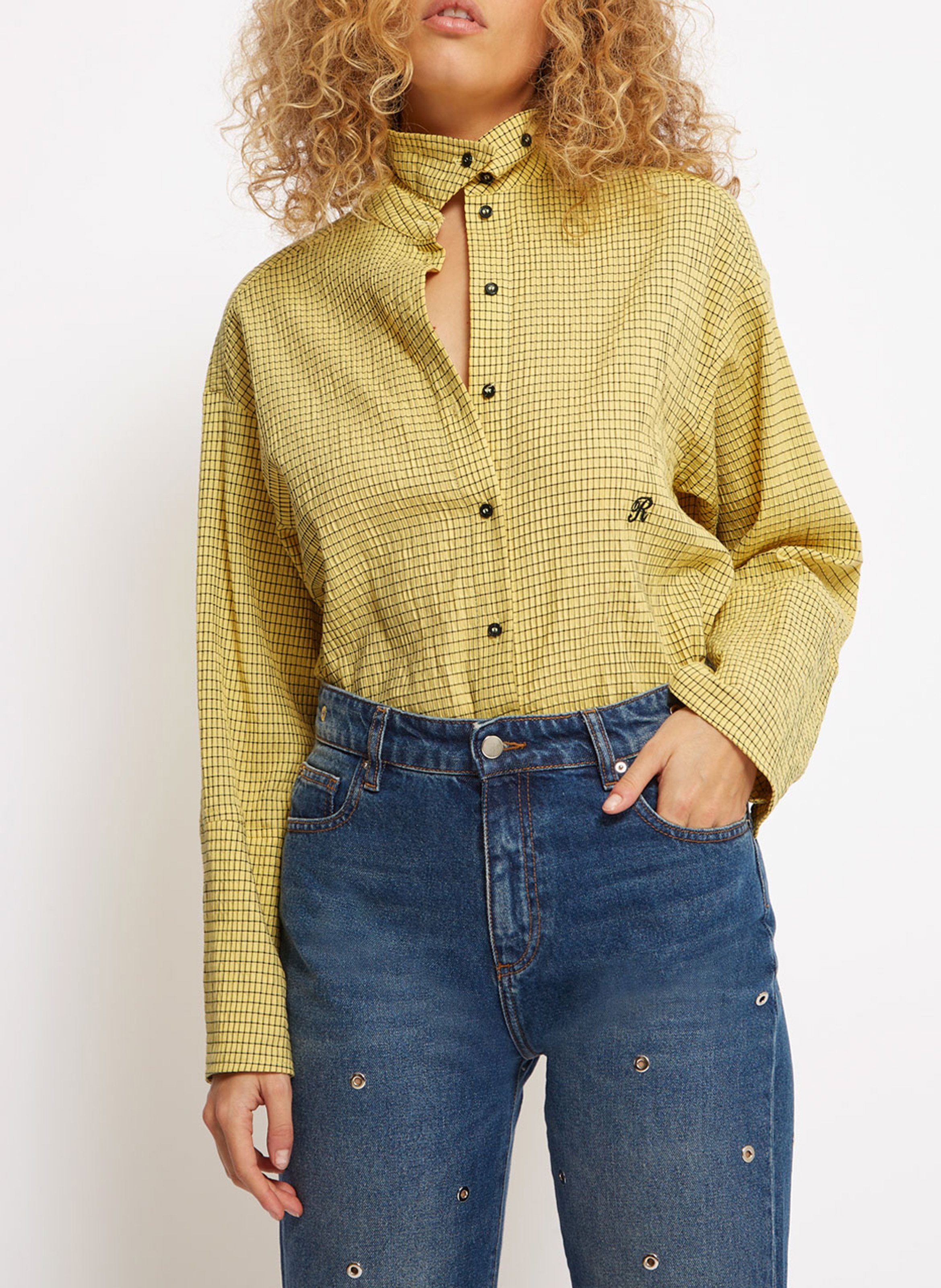 Chemise col classique à carreaux en coton mélangé ROSEANNA Jaune