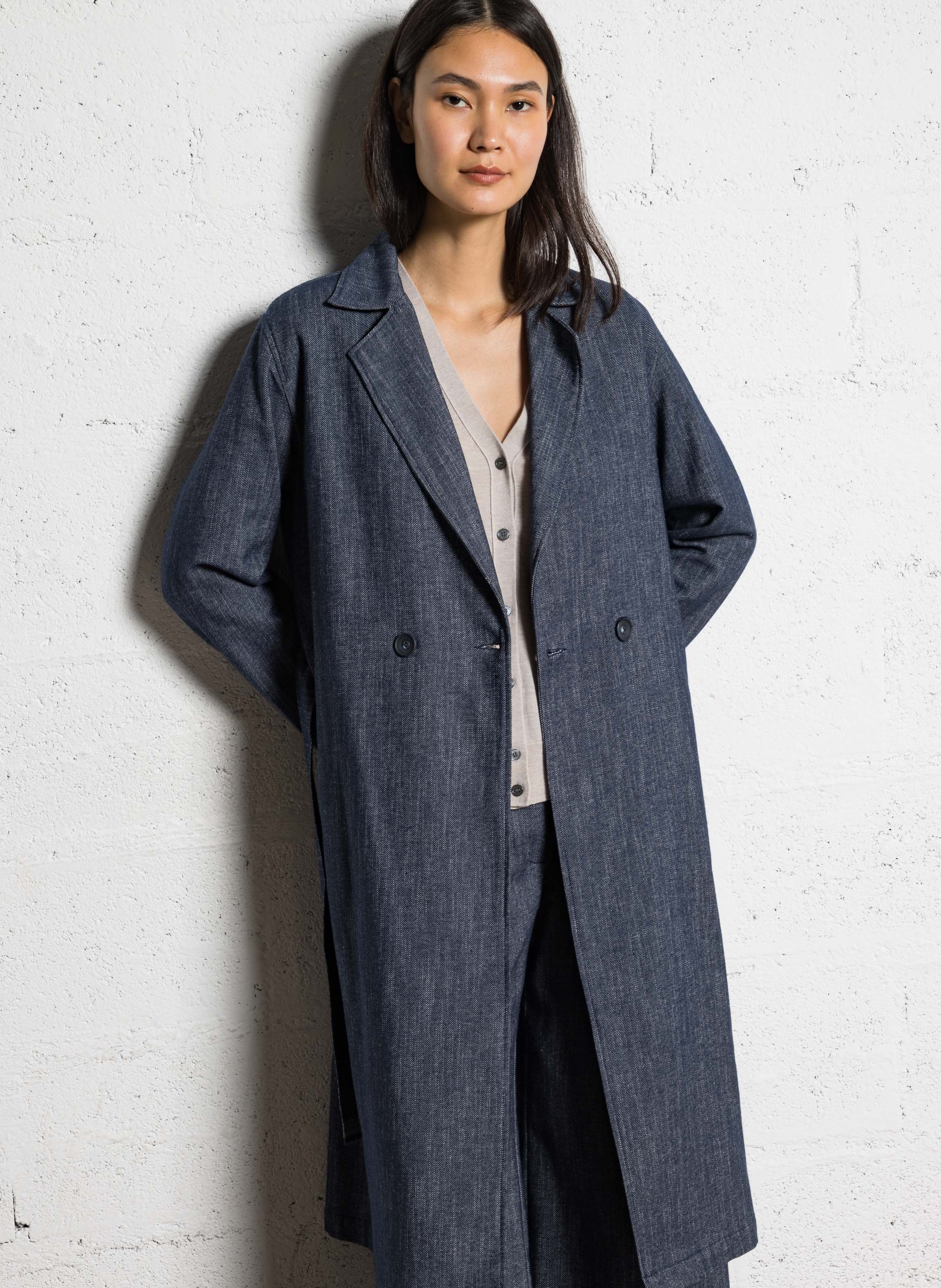 Manteau large ceinturé en denim brut DIEGA Bleu