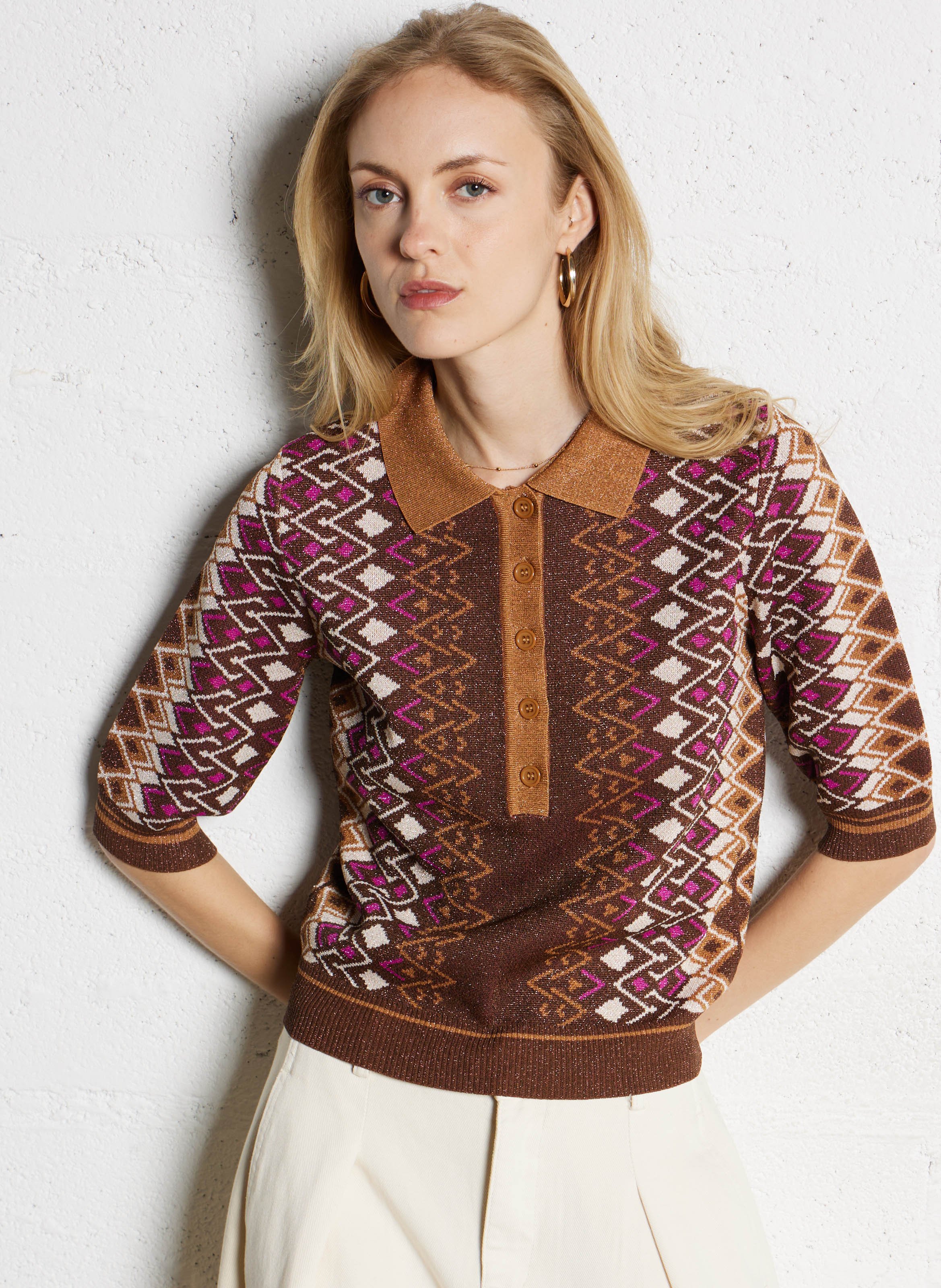 Pull col polo imprimé à paillettes SUNCOO Marron