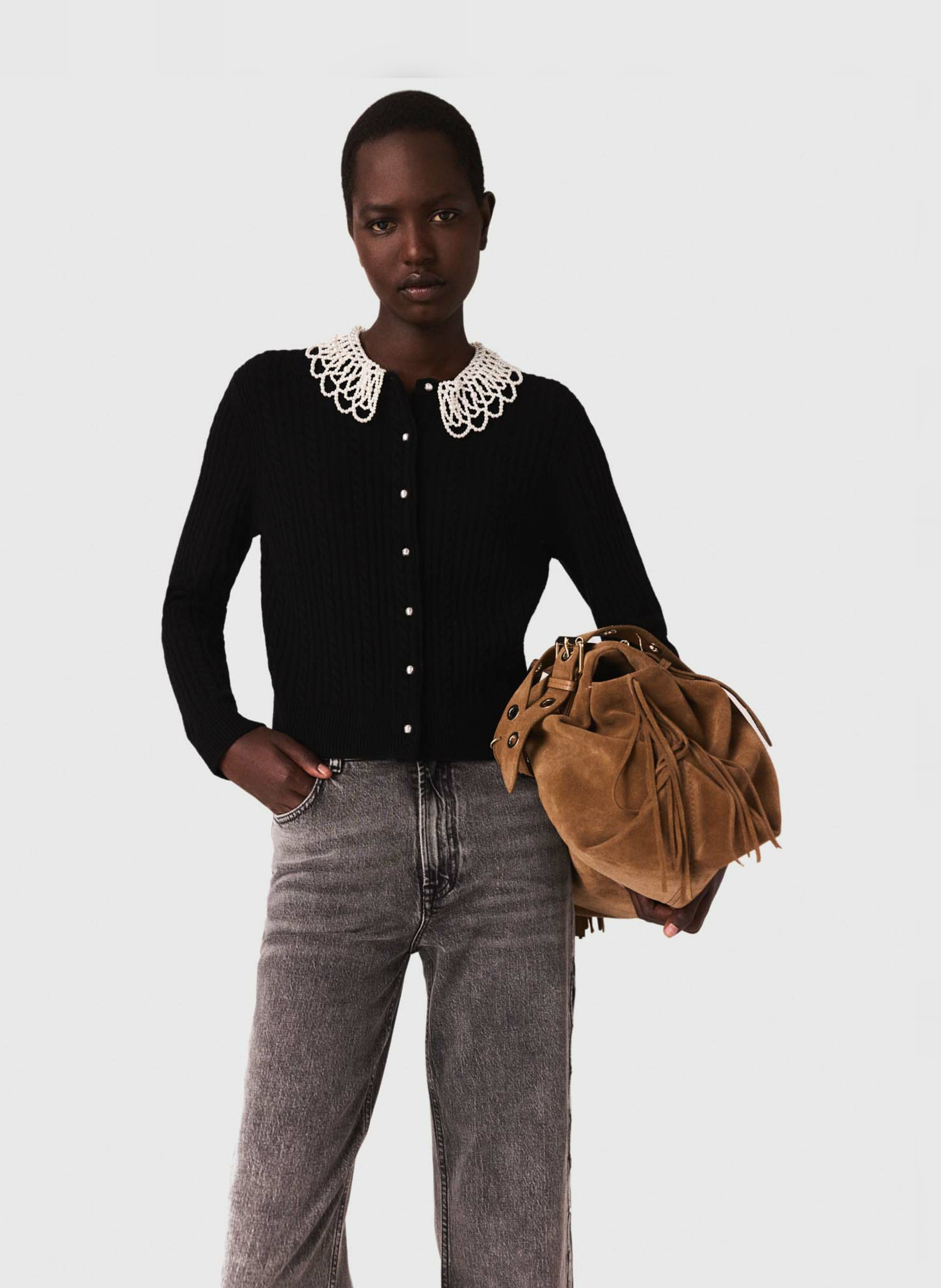 Gilet col rond en laine mélangée MAJE Noir