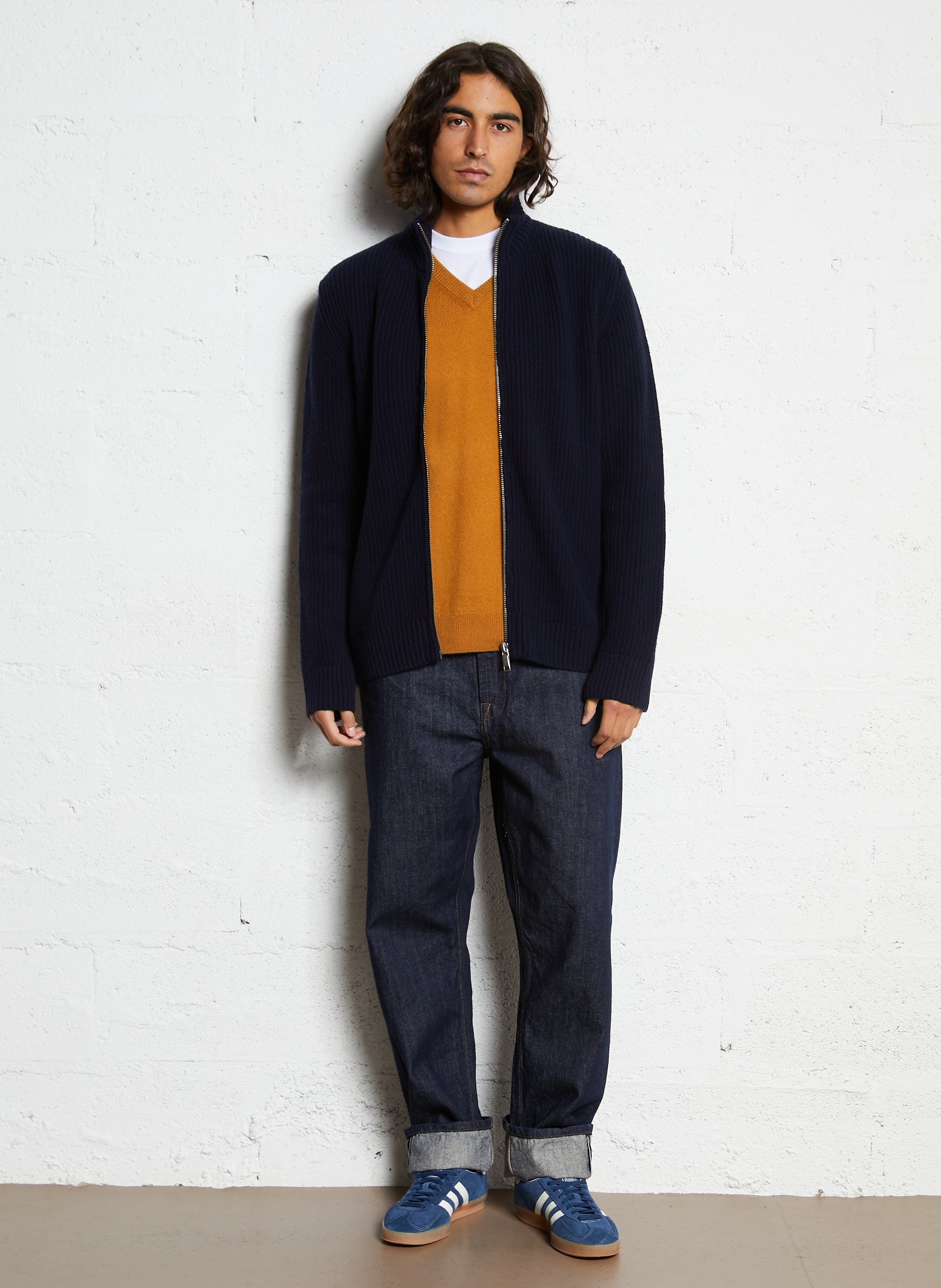 Zip-up cardigan in solid ribbed knit AU PRINTEMPS PARIS Blue
