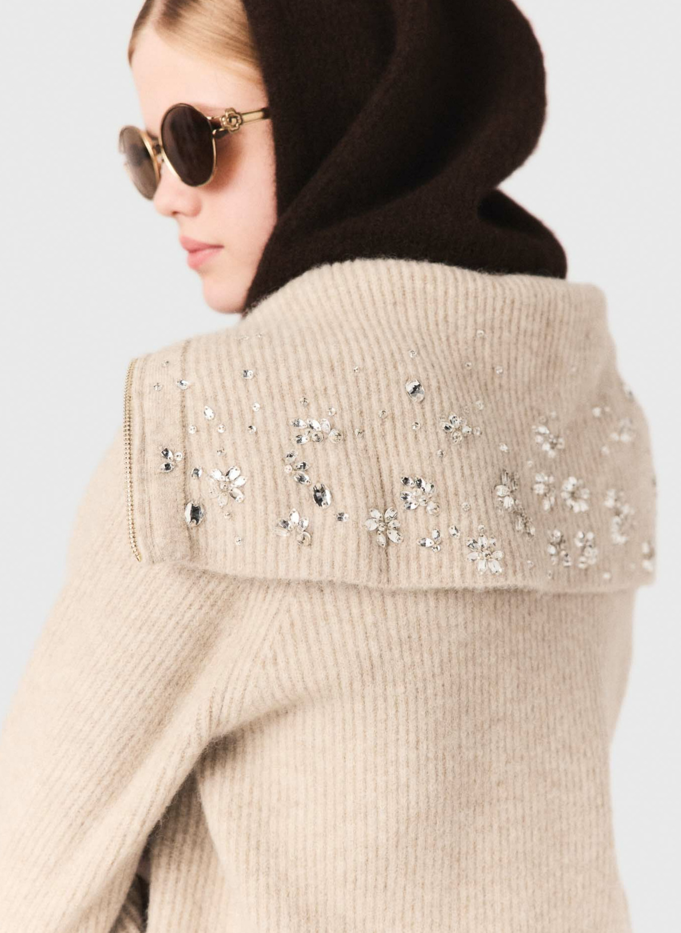 Pull droit col rabattu en maille MAJE Beige