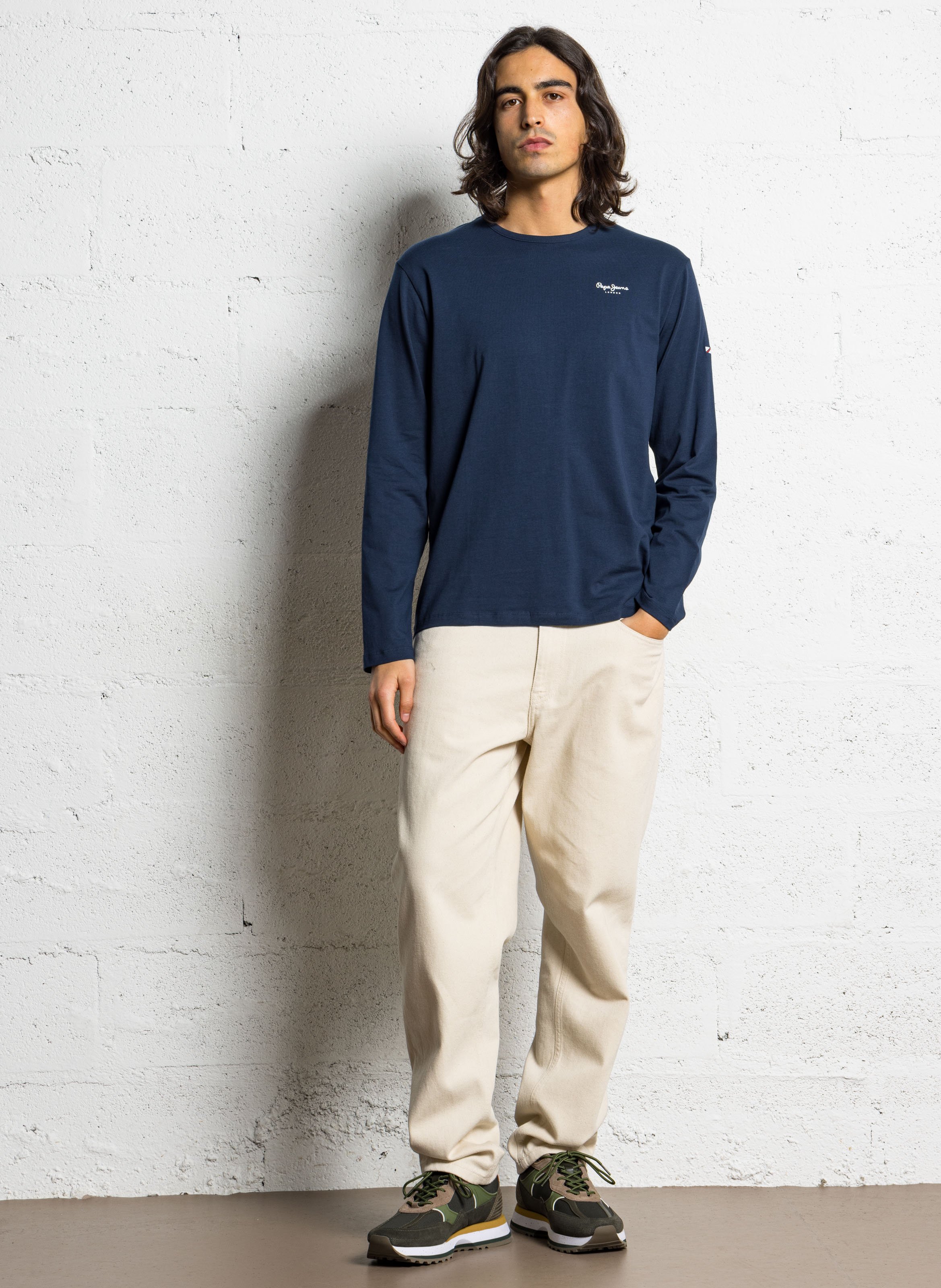 Round-neck stretch cotton T-shirt with screen print PEPE JEANS Blue