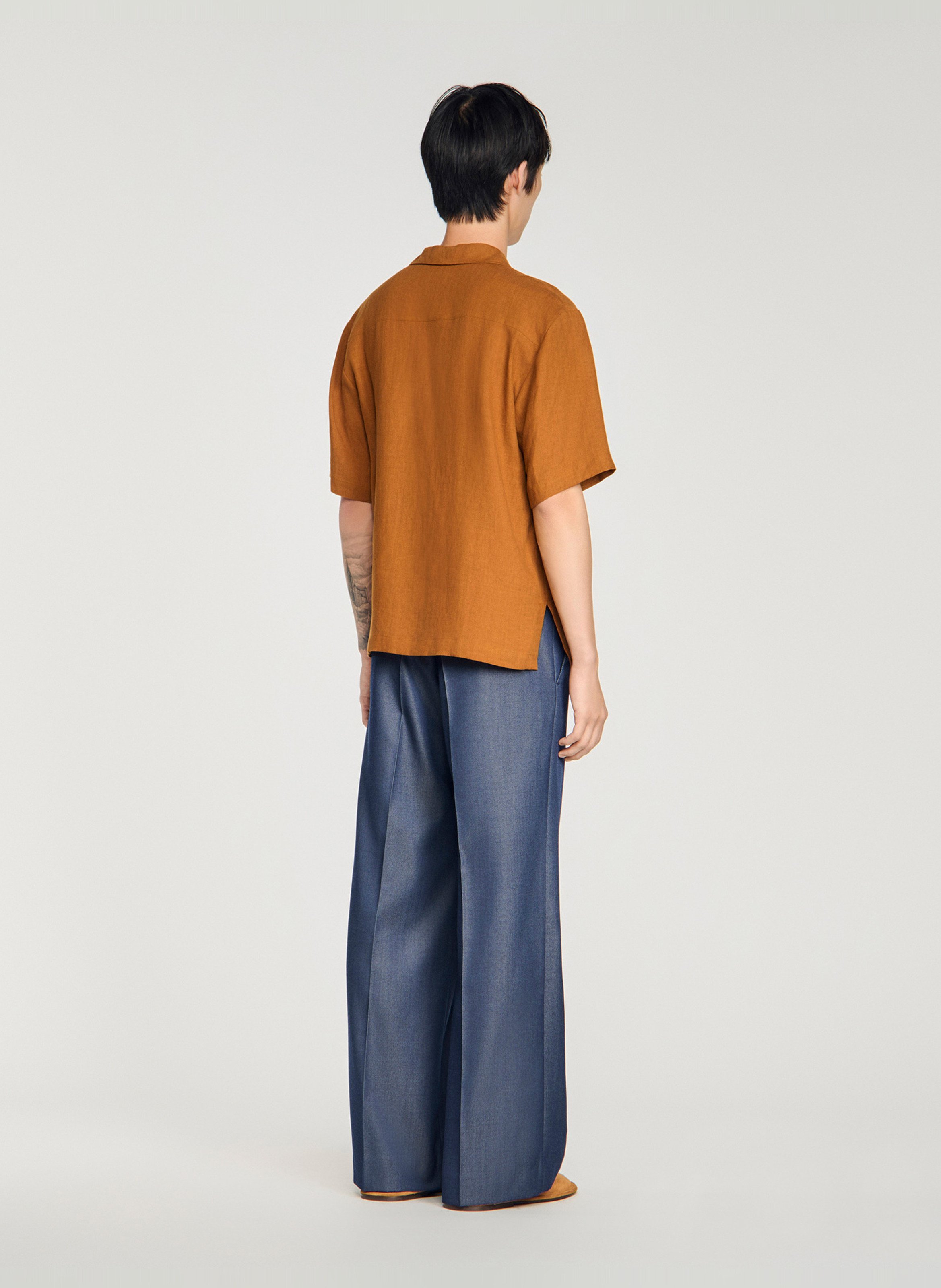 Chemise droite col cubain en lin SANDRO Marron