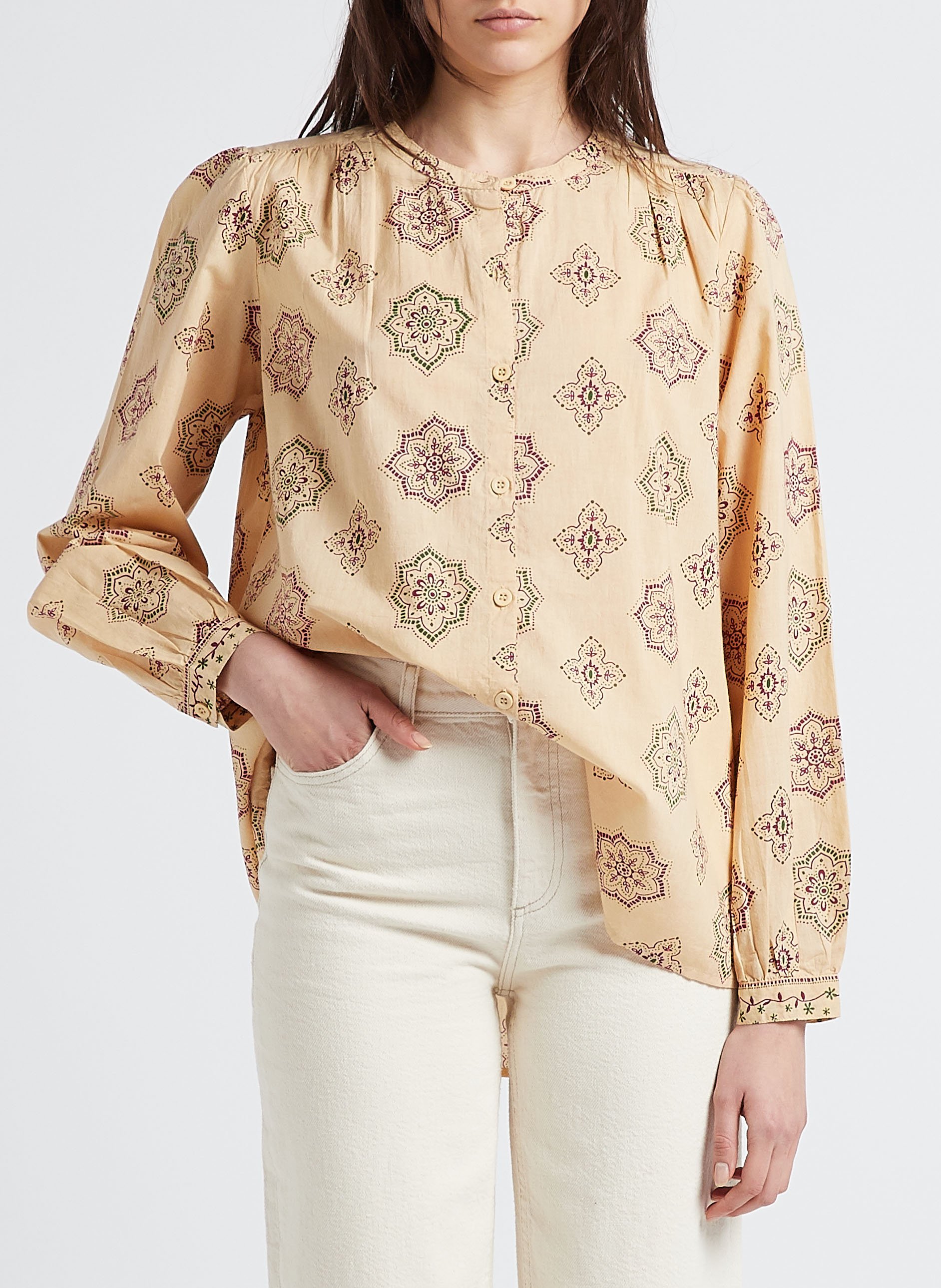 Bedruckte Baumwollbluse mit Rundhalskragen SWILDENS