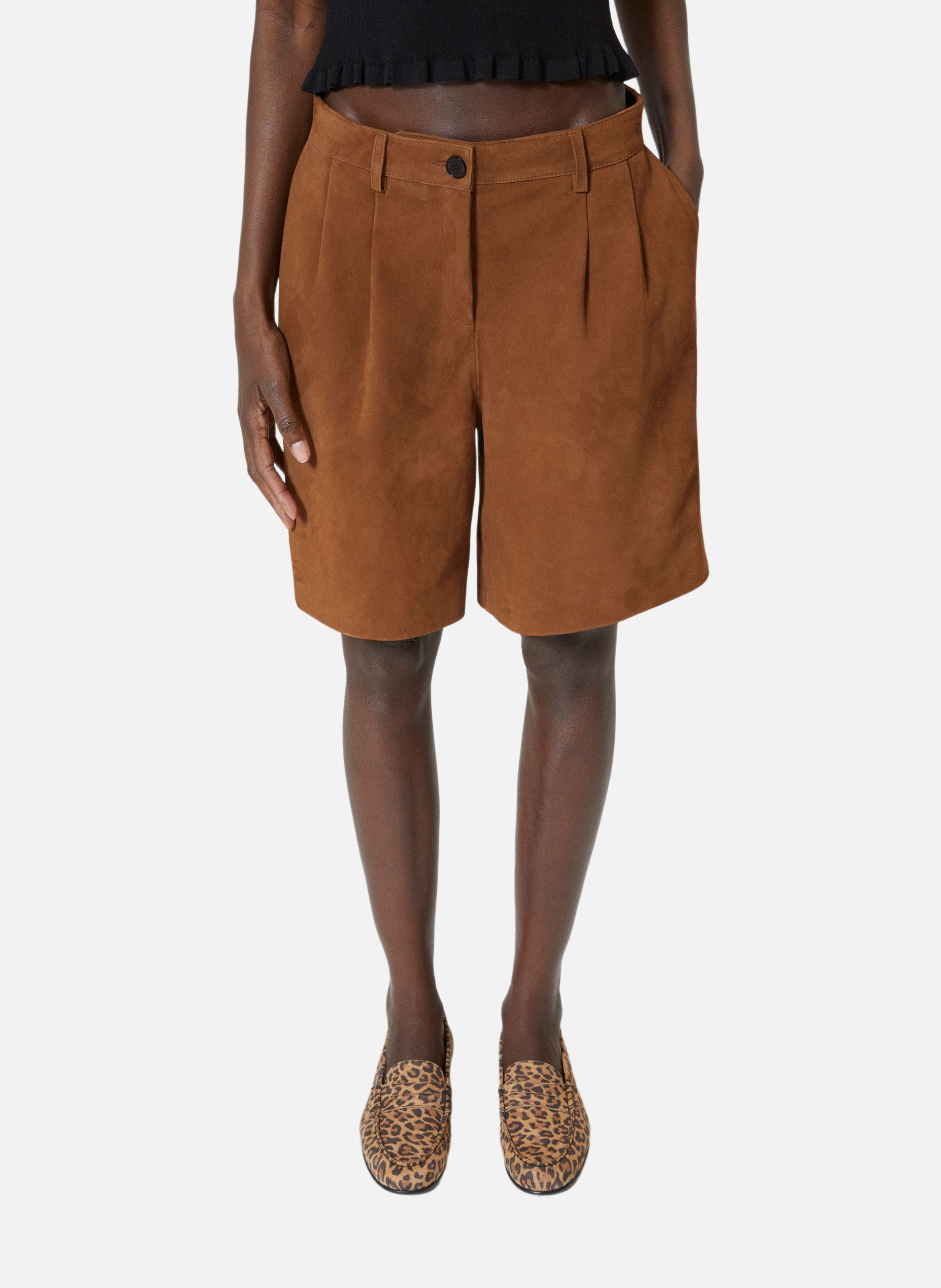 Pleated leather Bermuda shorts THE KOOPLES Brown