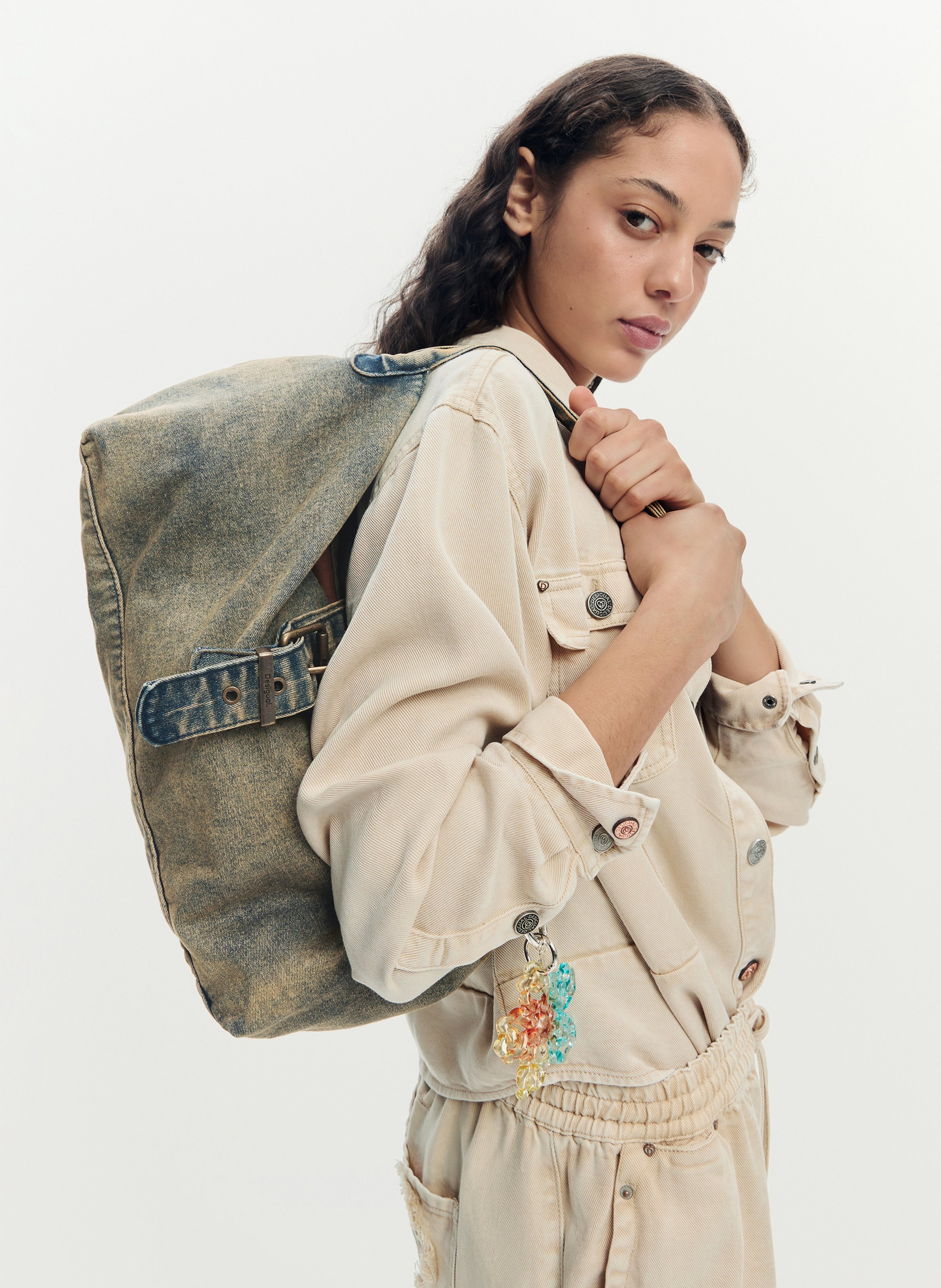 Sac épaule zippé en denim délavé DESIGUAL Vert