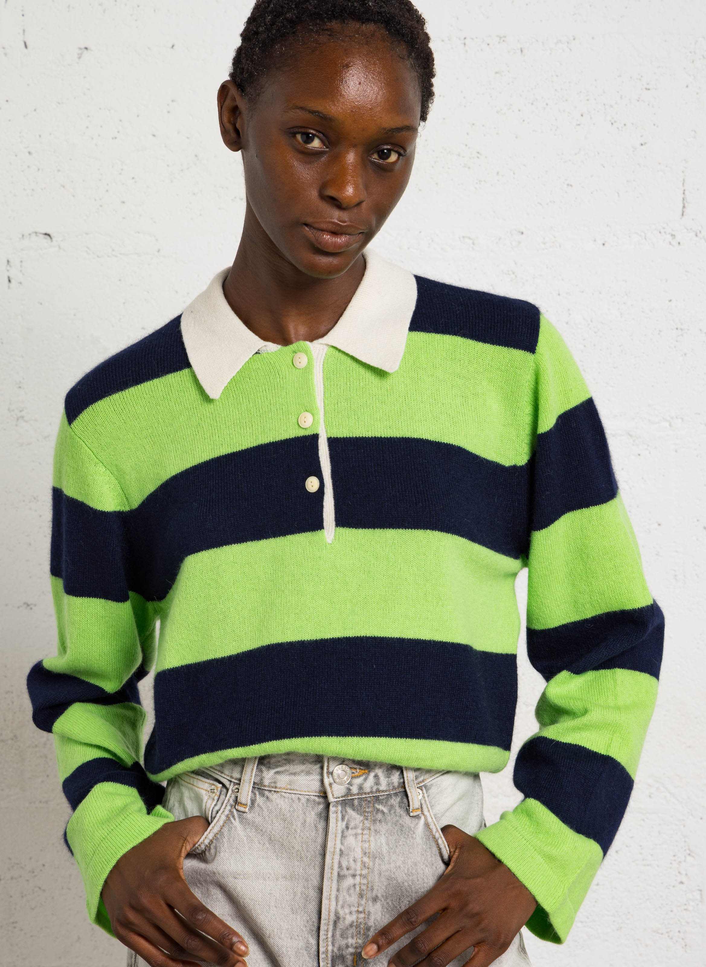 Pull droit col polo en maille rayée BELLEROSE Bleu