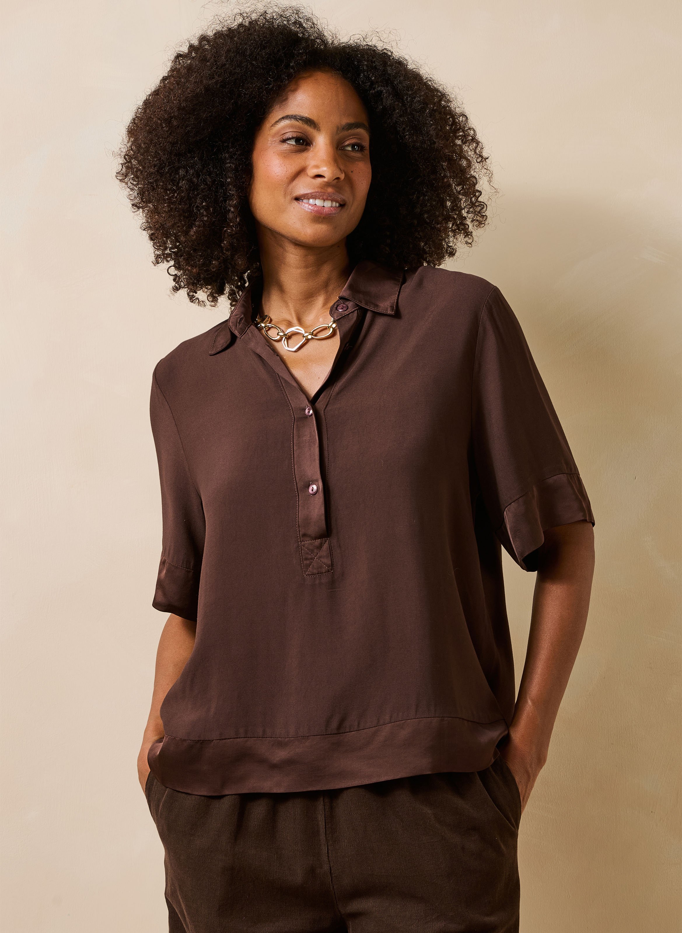 Top ample col classique LA FEE MARABOUTEE Marron