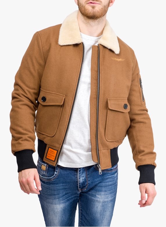 Wool jacket with fur collar Brown Bombers original Men Place