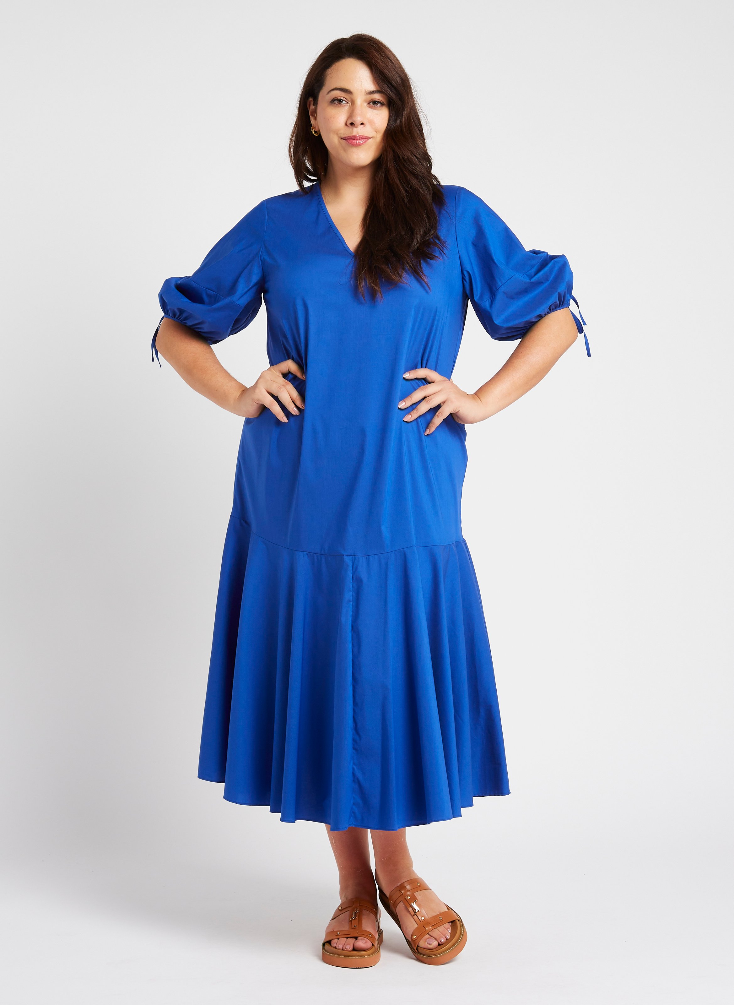 Gerade geschnittenes Maxikleid aus Baumwoll-Mix mit V-Ausschnitt PERSONA by Marina Rinaldi Blau