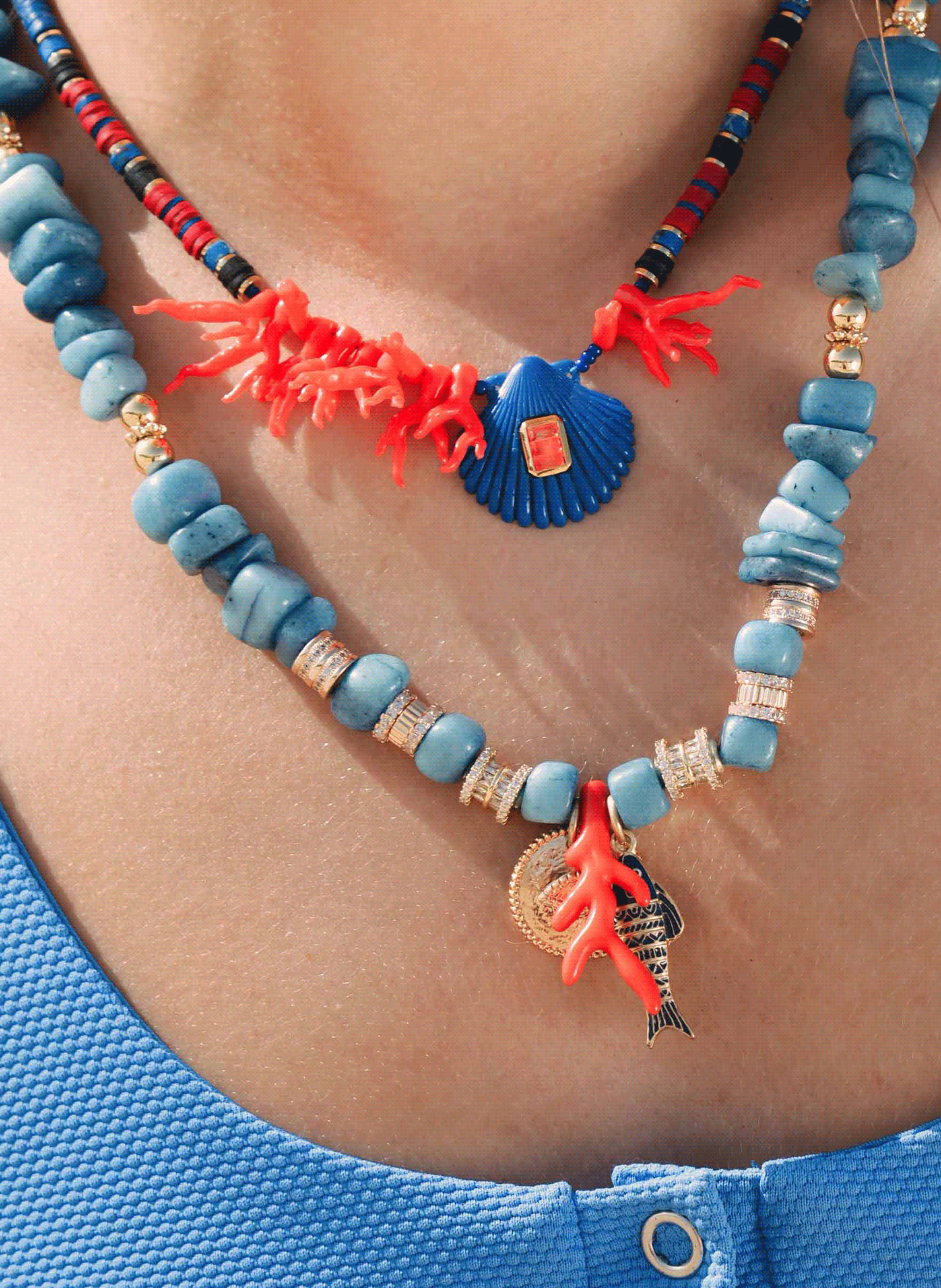 Necklace with pearls and trio of pendants HIPANEMA Blue