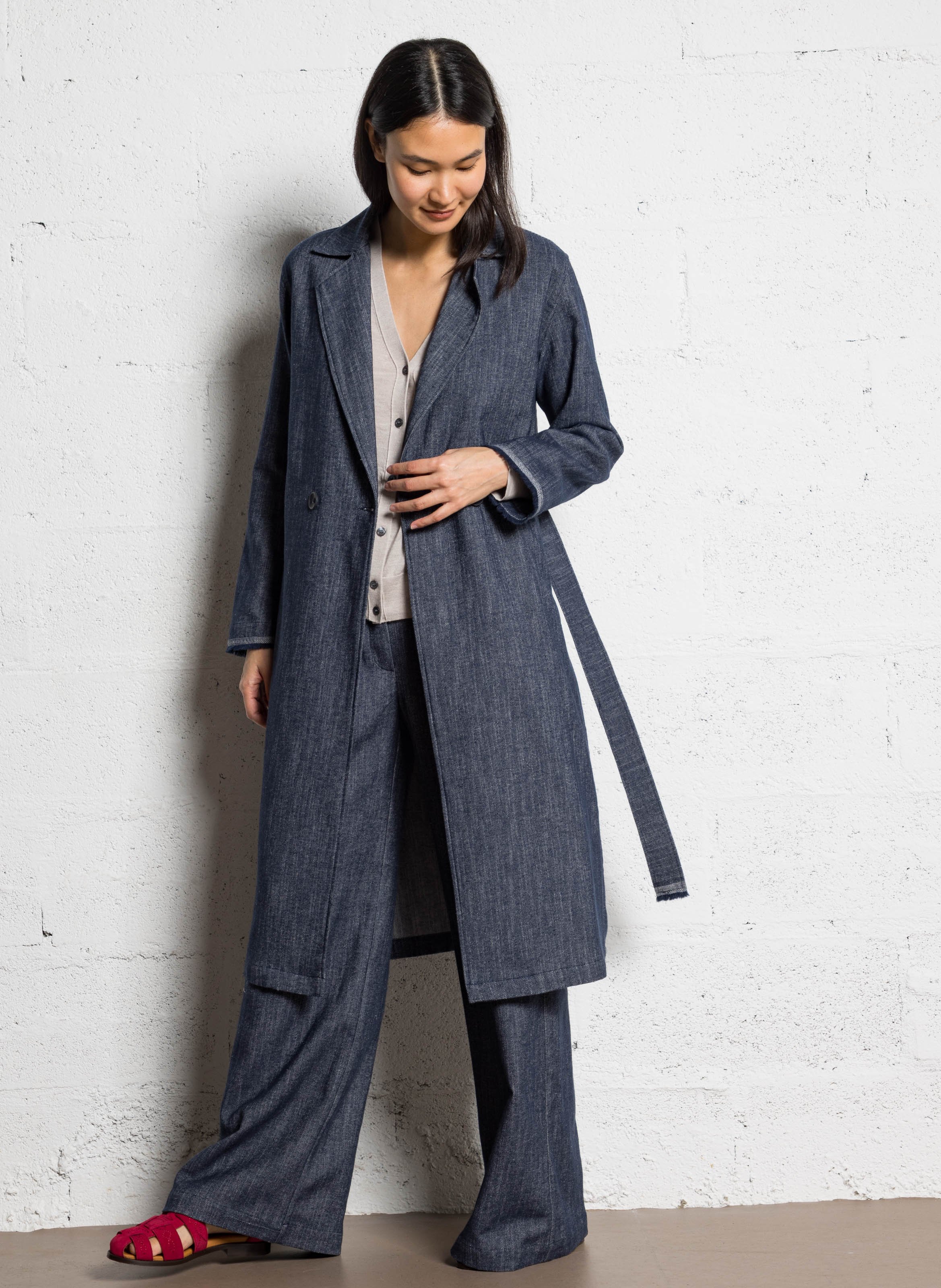 Manteau large ceinturé en denim brut DIEGA Bleu